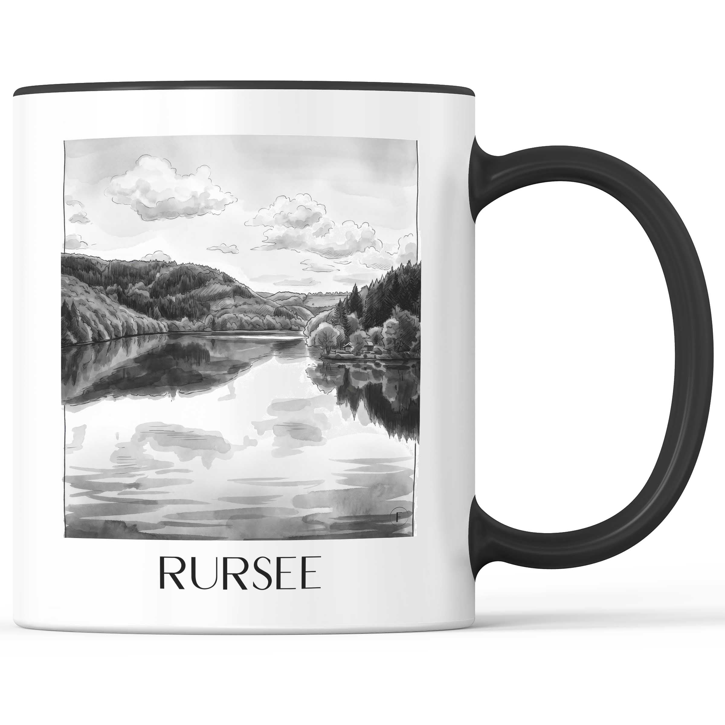 Rursee Kaffeebecher - Eifel - Deutschland Becher - Kaffeetasse im Aquarell Schwarz-Weiß Stil - favplace