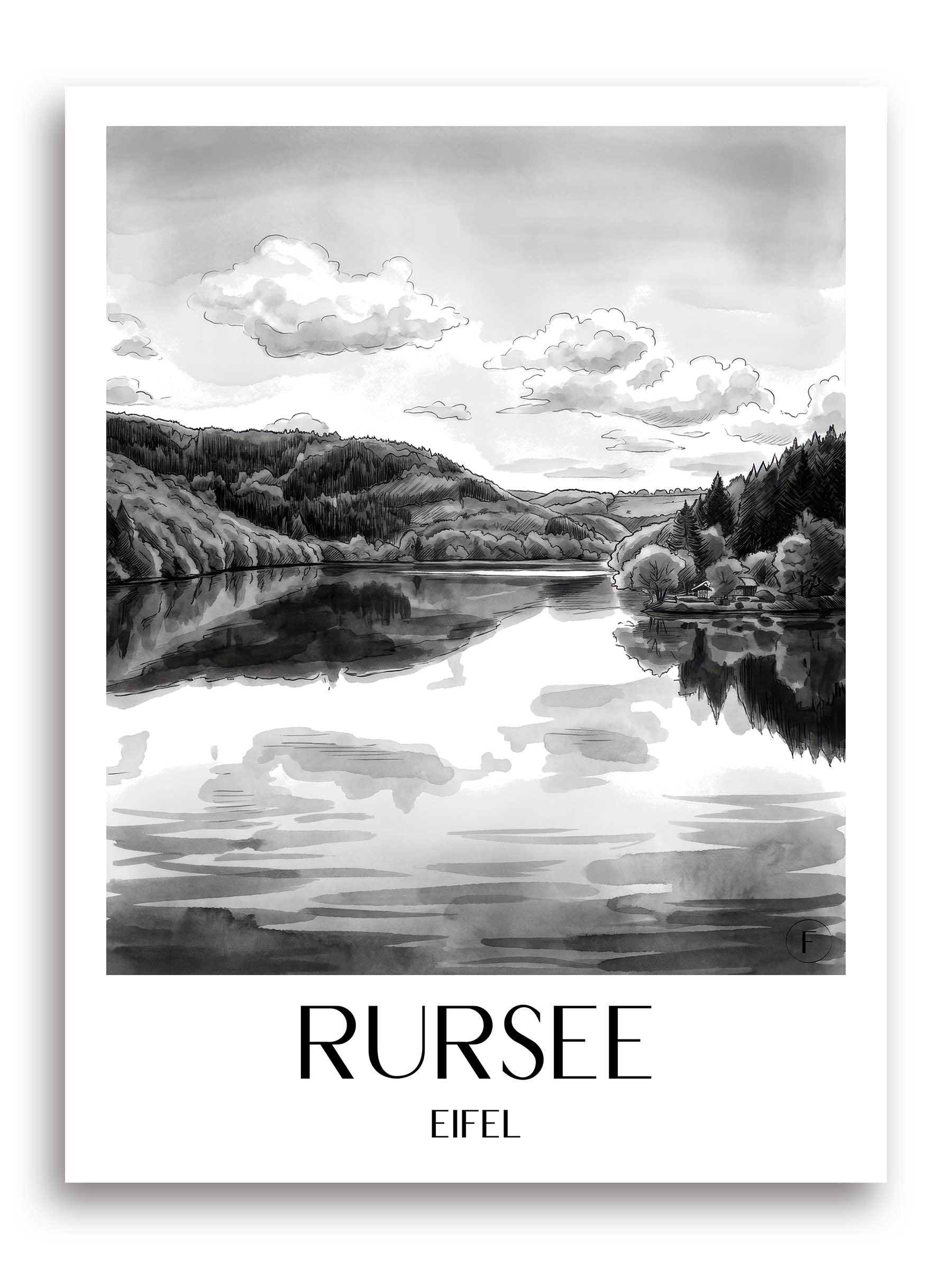 rursee-eifel-deutschland-poster-aquarell-schwarz-weiss