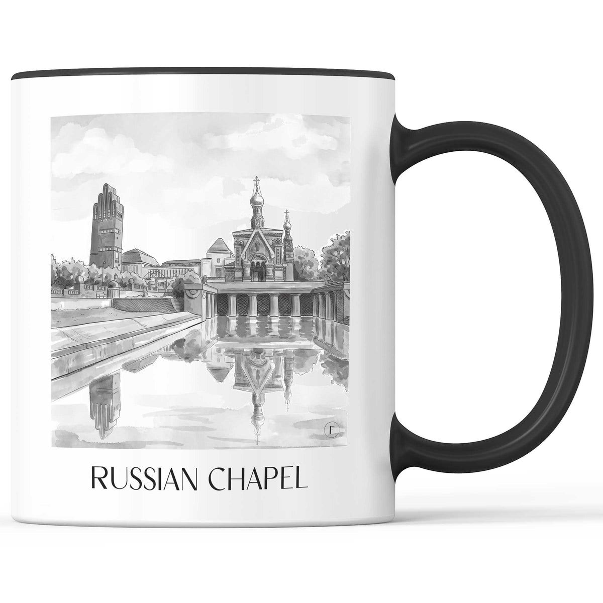 Russische Kapelle Kaffeebecher - Darmstadt - Deutschland Becher - Kaffeetasse im Aquarell Schwarz-Weiß Stil - favplace