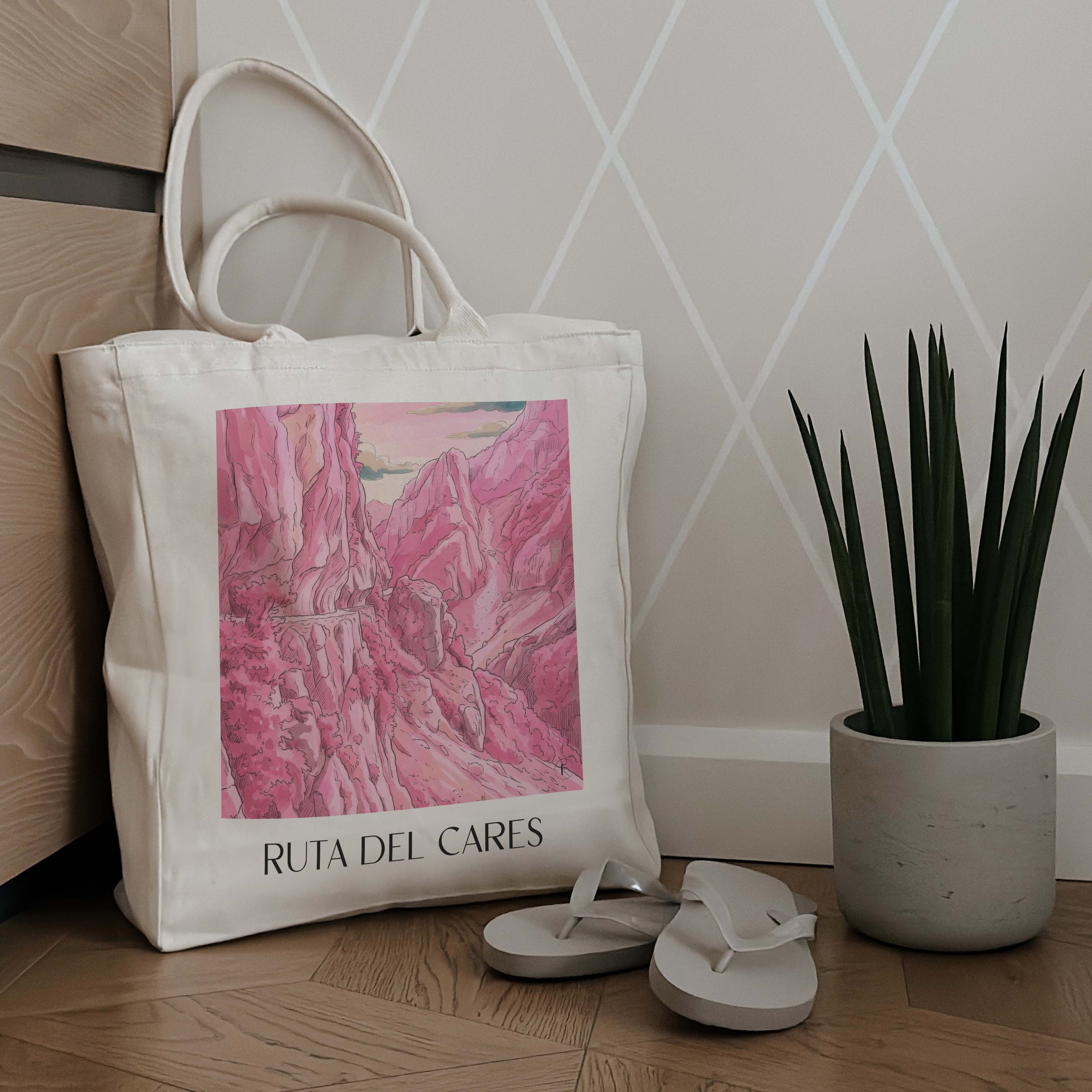 ruta-del-cares-spanien-spanien-einkaufstasche-aquarell-pink-rosa
