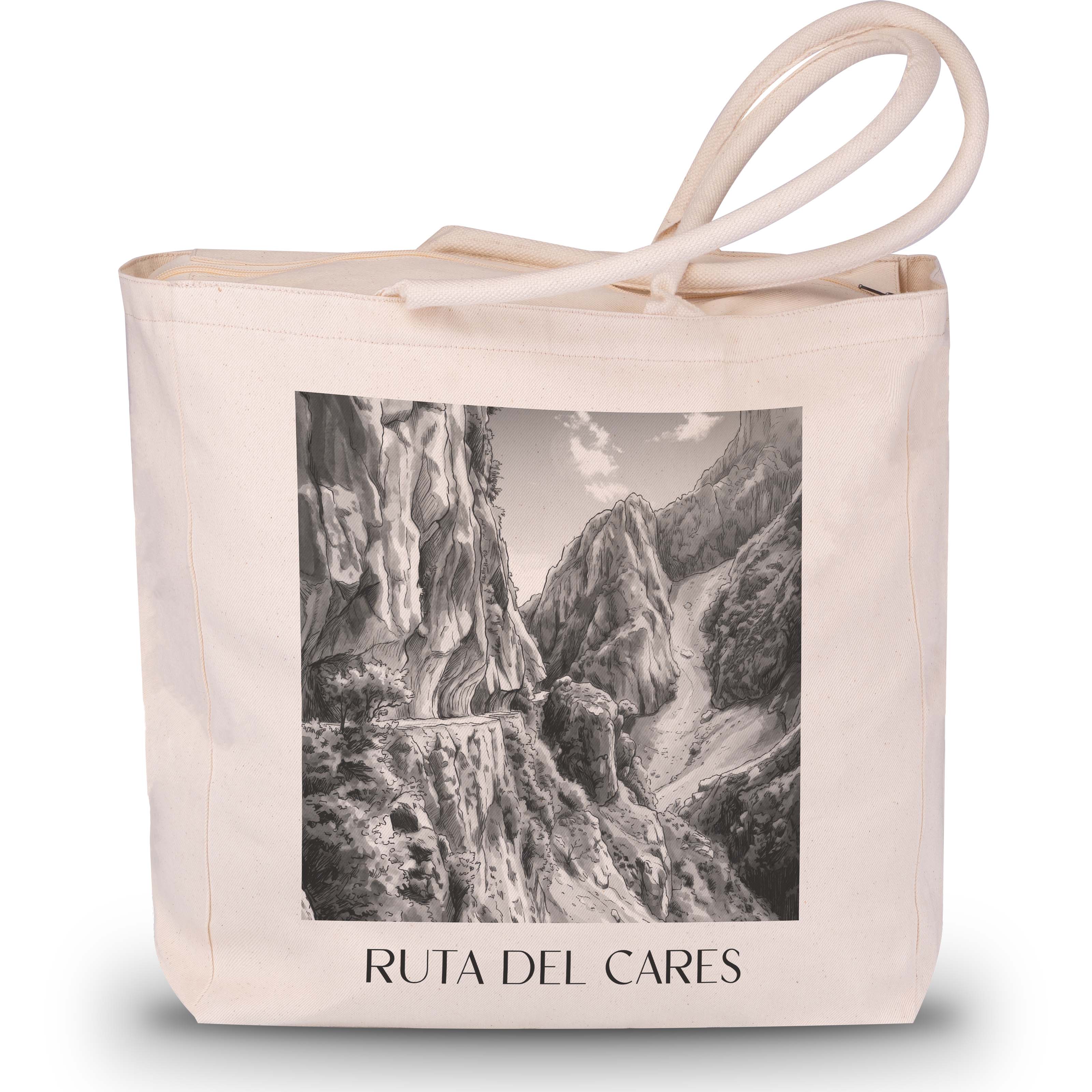 ruta-del-cares-spanien-spanien-einkaufstasche-aquarell-schwarz-weiss