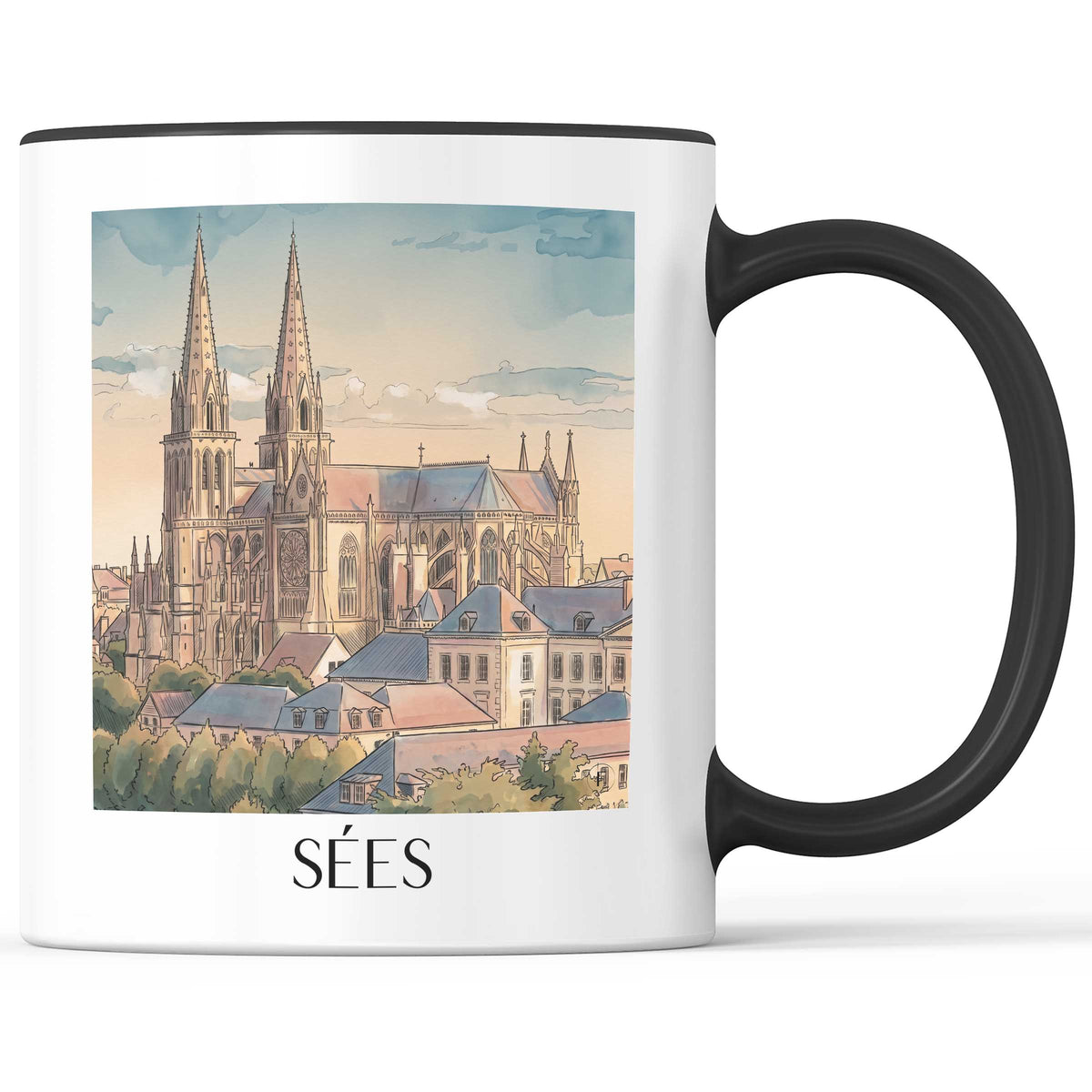 Sées Kaffeebecher - Orne - Frankreich Becher - Kaffeetasse im Aquarell Stil