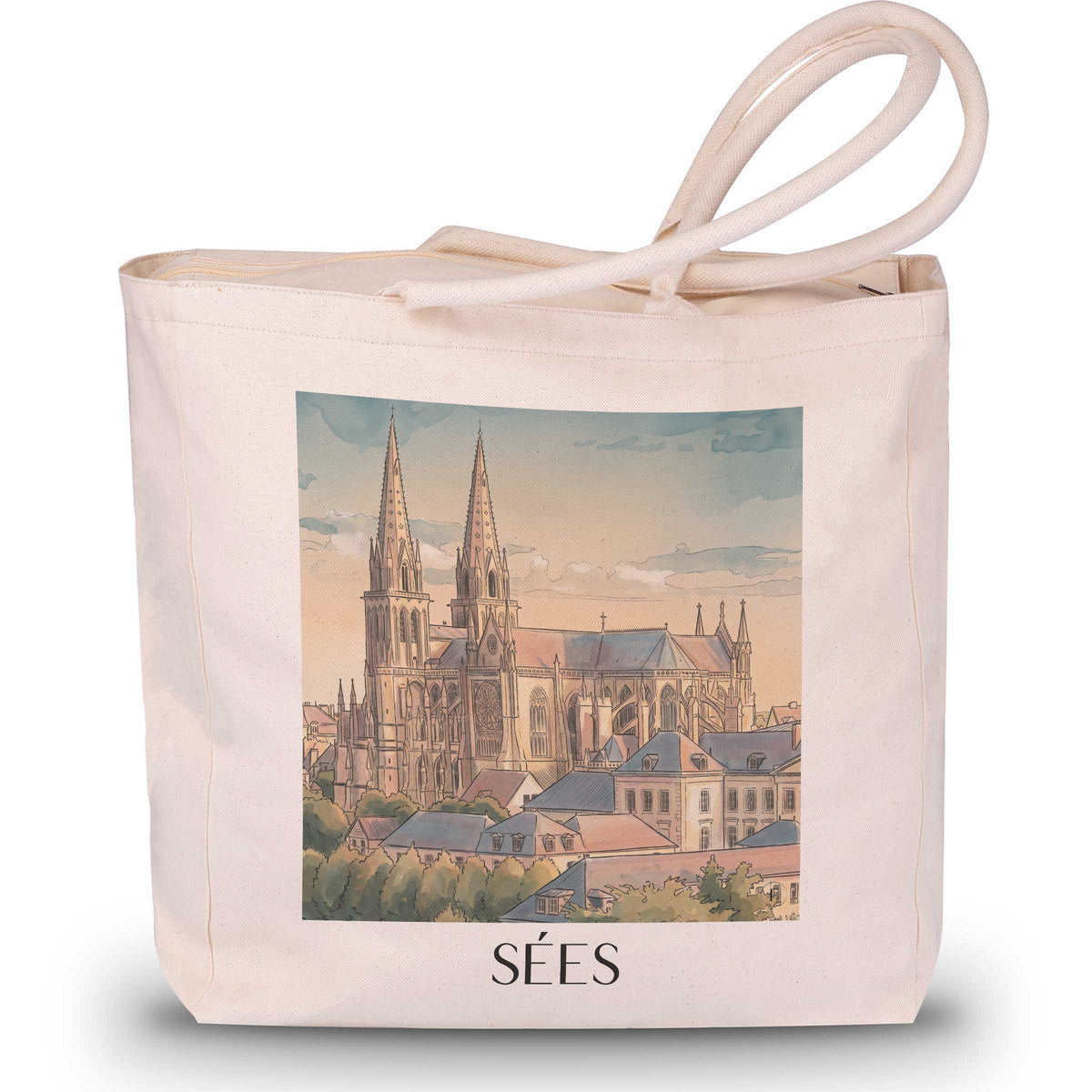 sées-orne-frankreich-einkaufstasche-aquarell