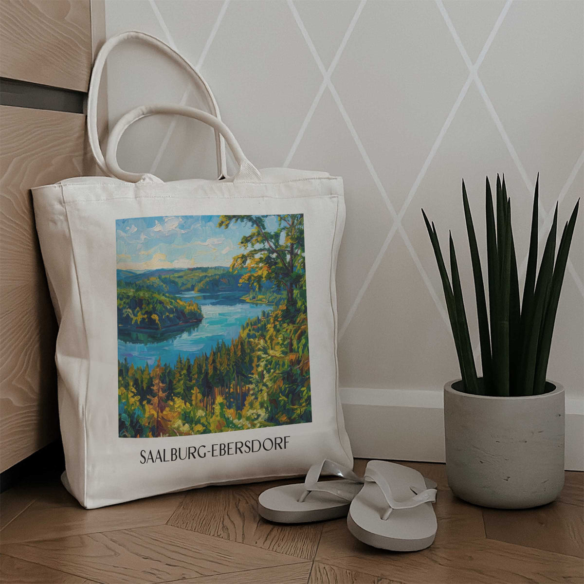 saalburg-ebersdorf-thüringer-schiefergebirge-deutschland-einkaufstasche-oil-painting-oelgemaelde