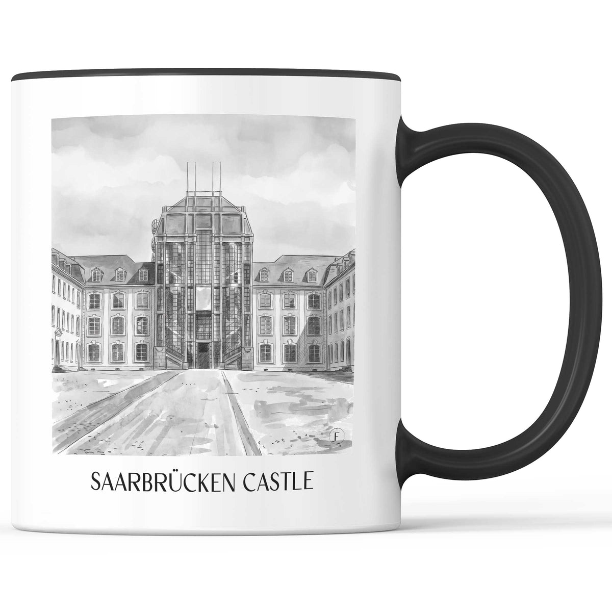 Saarbrücker Schloss Kaffeebecher - Saarland - Deutschland Becher - Kaffeetasse im Aquarell Schwarz-Weiß Stil - favplace