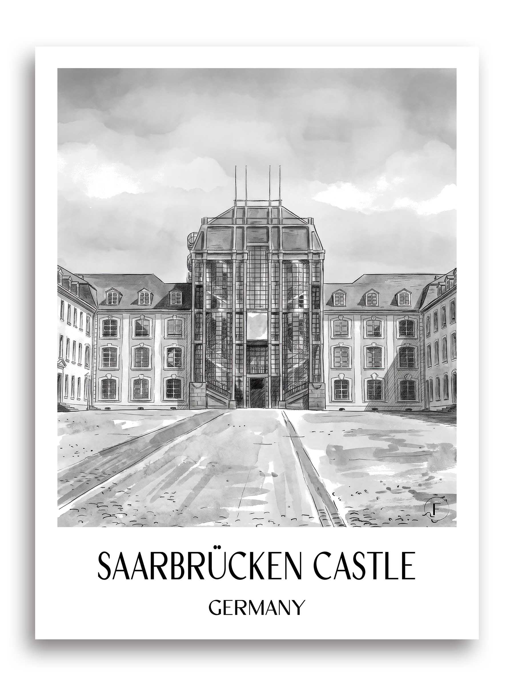 Saarbrücker Schloss Poster - Saarland - Deutschland Kunstdruck - Aquarell Schwarz-Weiß von A4 bis A1