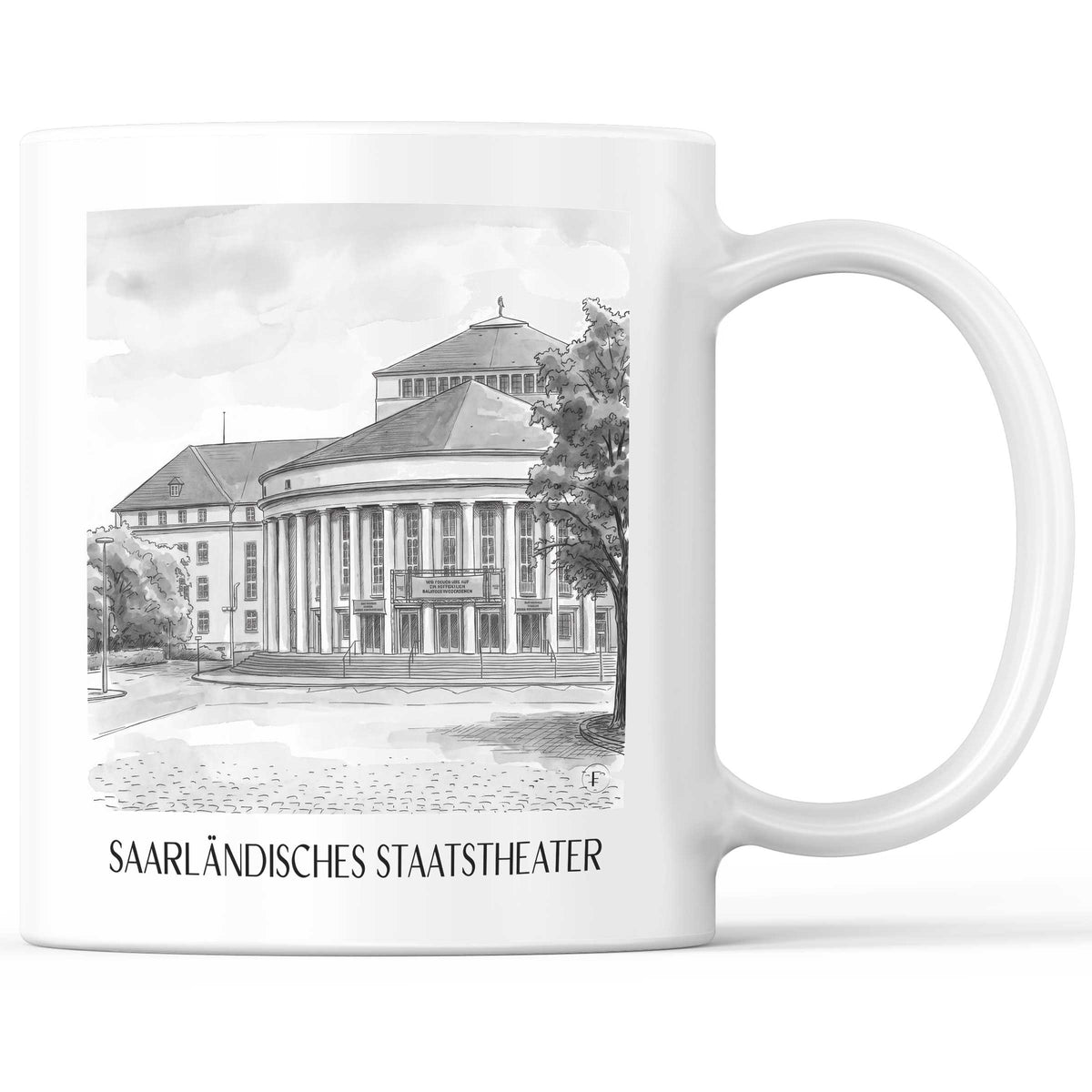 saarländisches-staatstheater-saarbrücken-deutschland-kaffeebecher-aquarell-schwarz-weiss