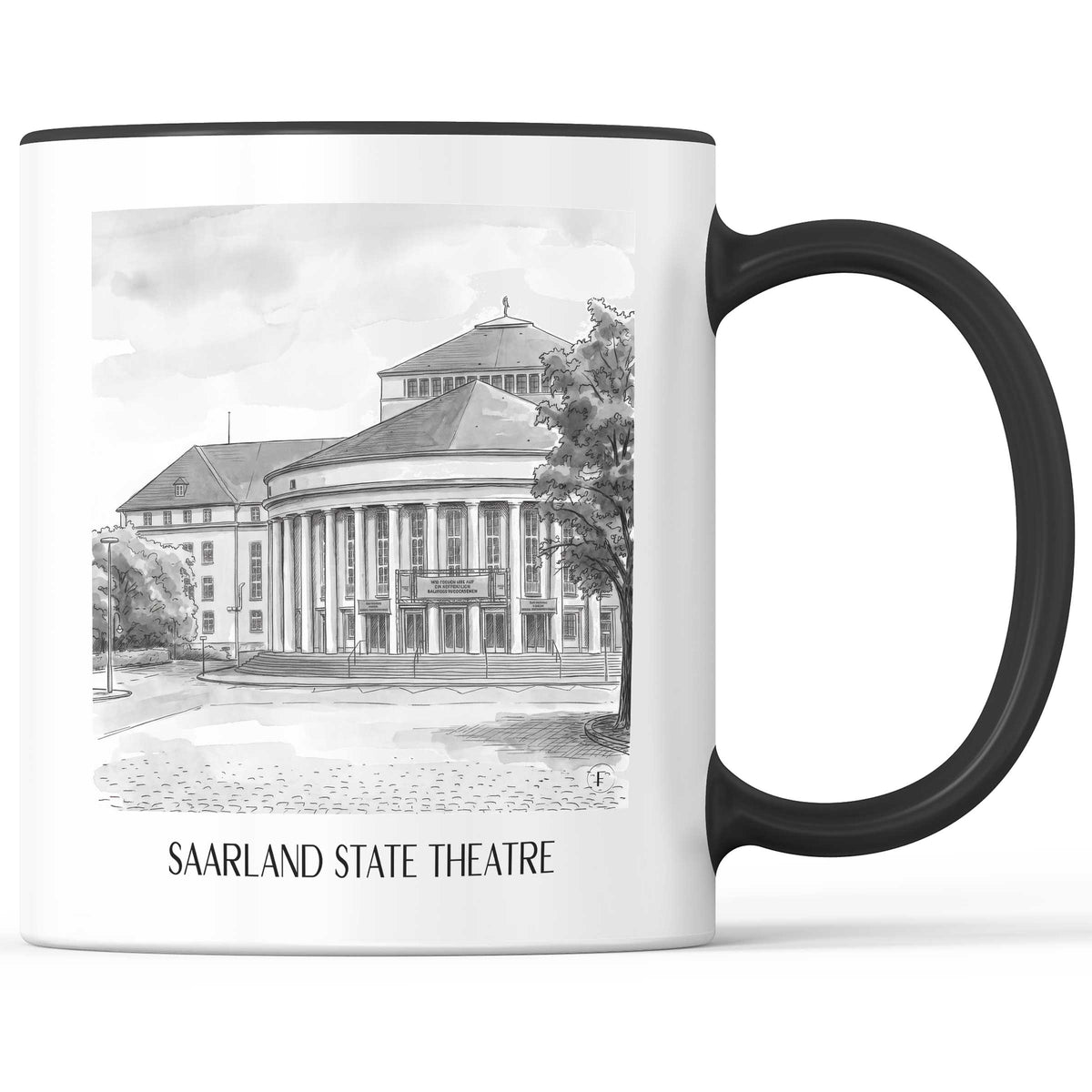 Saarländisches Staatstheater Kaffeebecher - Saarbrücken - Deutschland Becher - Kaffeetasse im Aquarell Schwarz-Weiß Stil - favplace