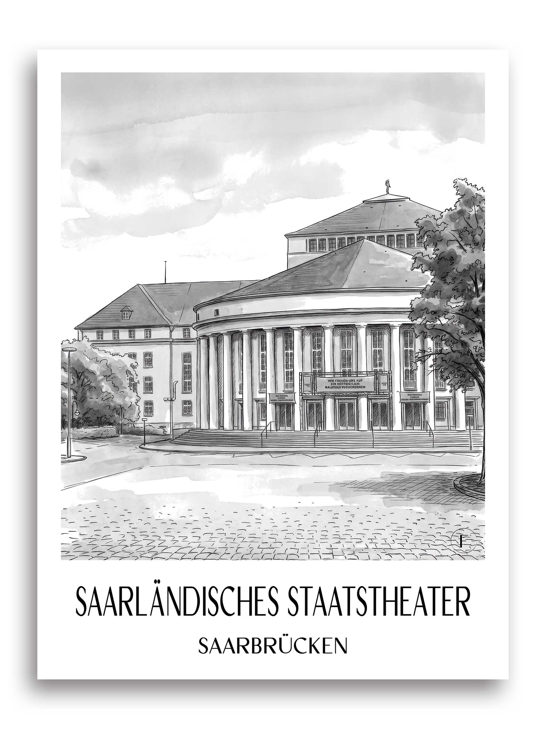 saarländisches-staatstheater-saarbrücken-deutschland-poster-aquarell-schwarz-weiss
