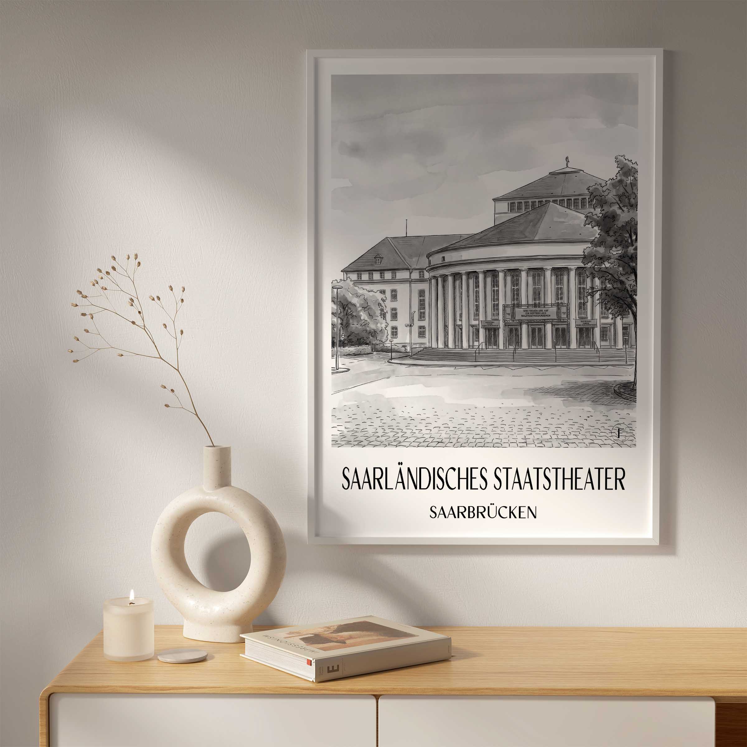 saarländisches-staatstheater-saarbrücken-deutschland-poster-aquarell-schwarz-weiss
