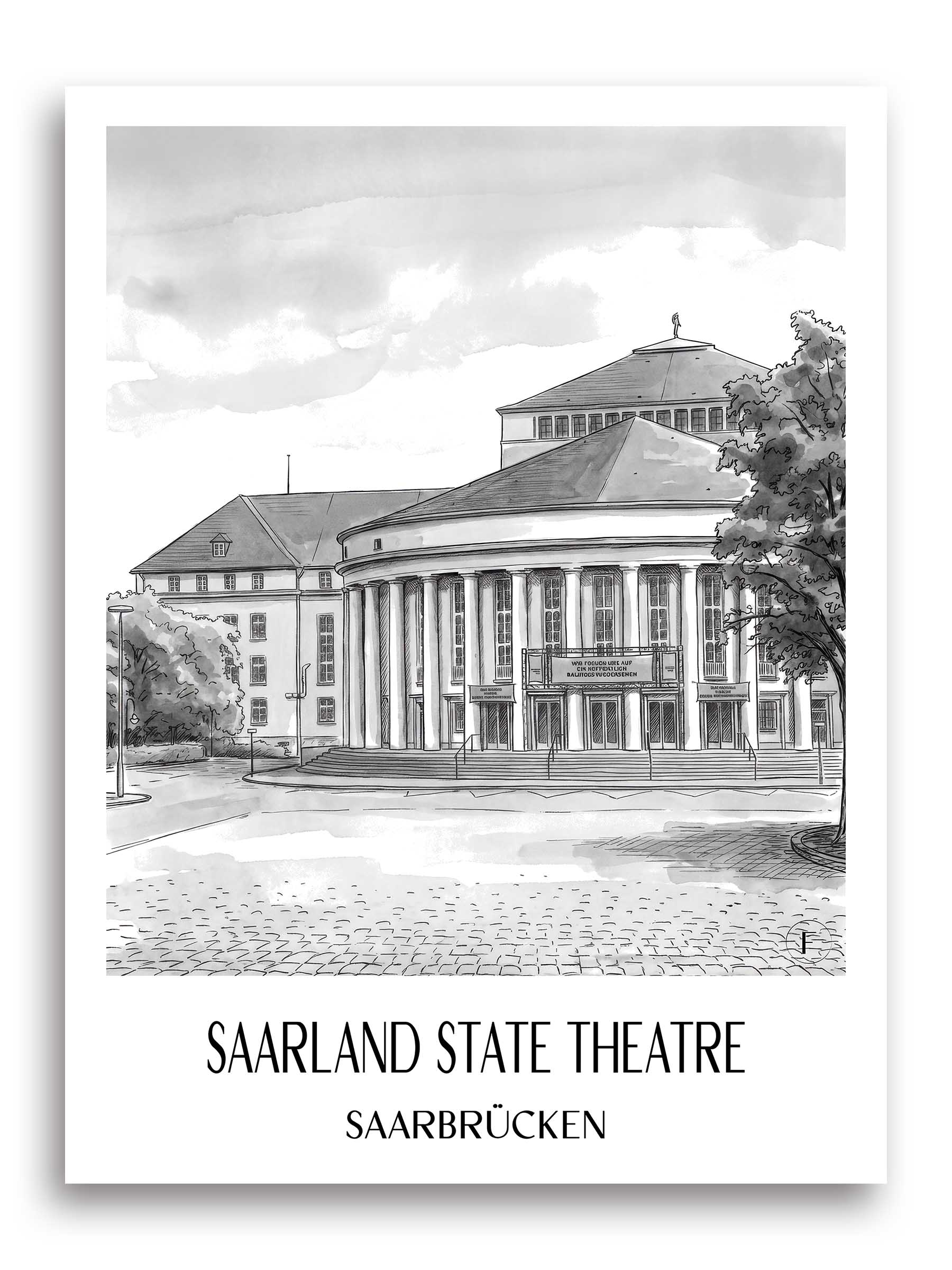 Saarländisches Staatstheater Poster - Saarbrücken - Deutschland Kunstdruck - Aquarell Schwarz-Weiß von A4 bis A1