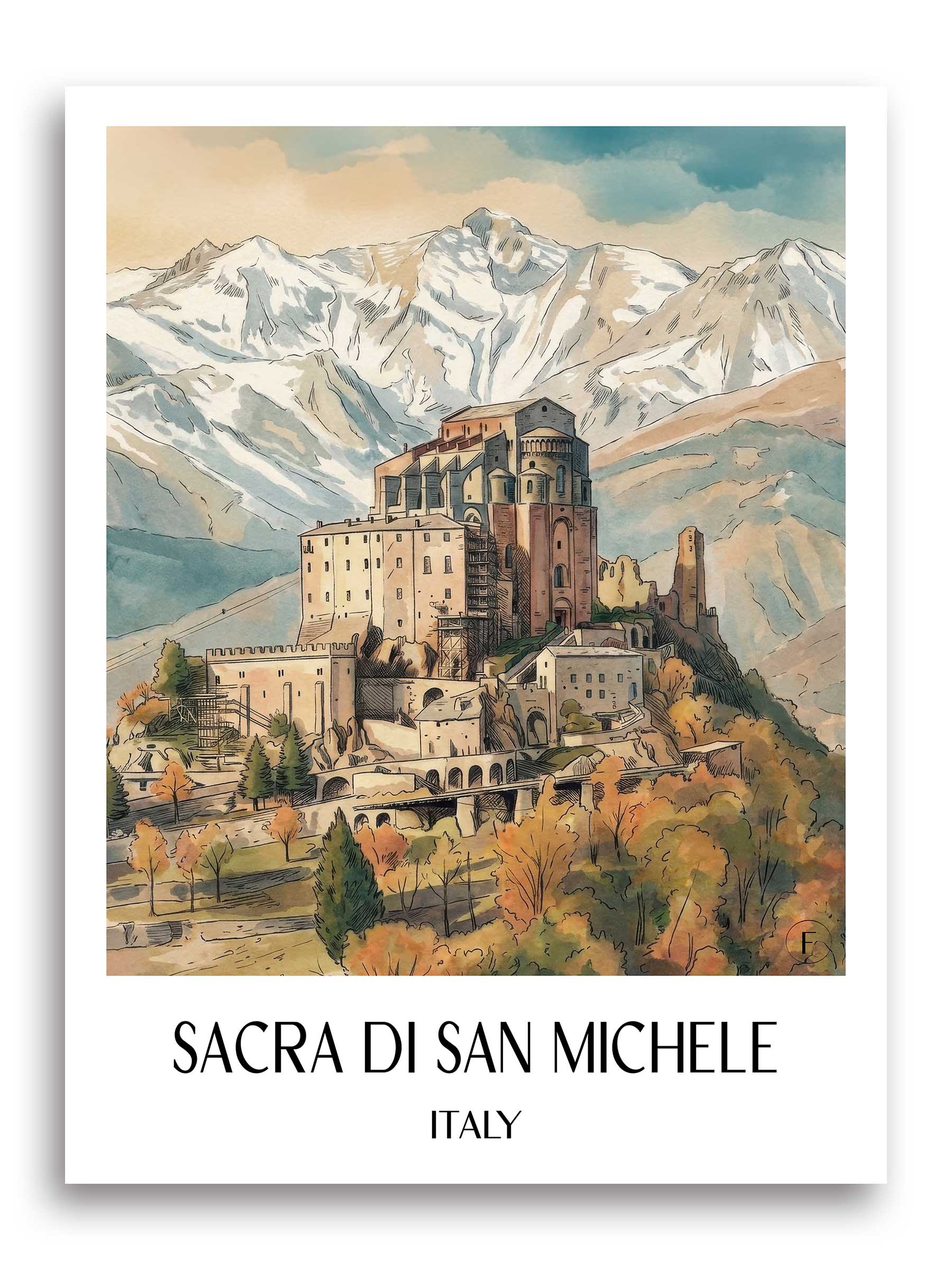 Sacra di San Michele Poster - Piemont - Italien Kunstdruck - Aquarell von A4 bis A1 - favplace