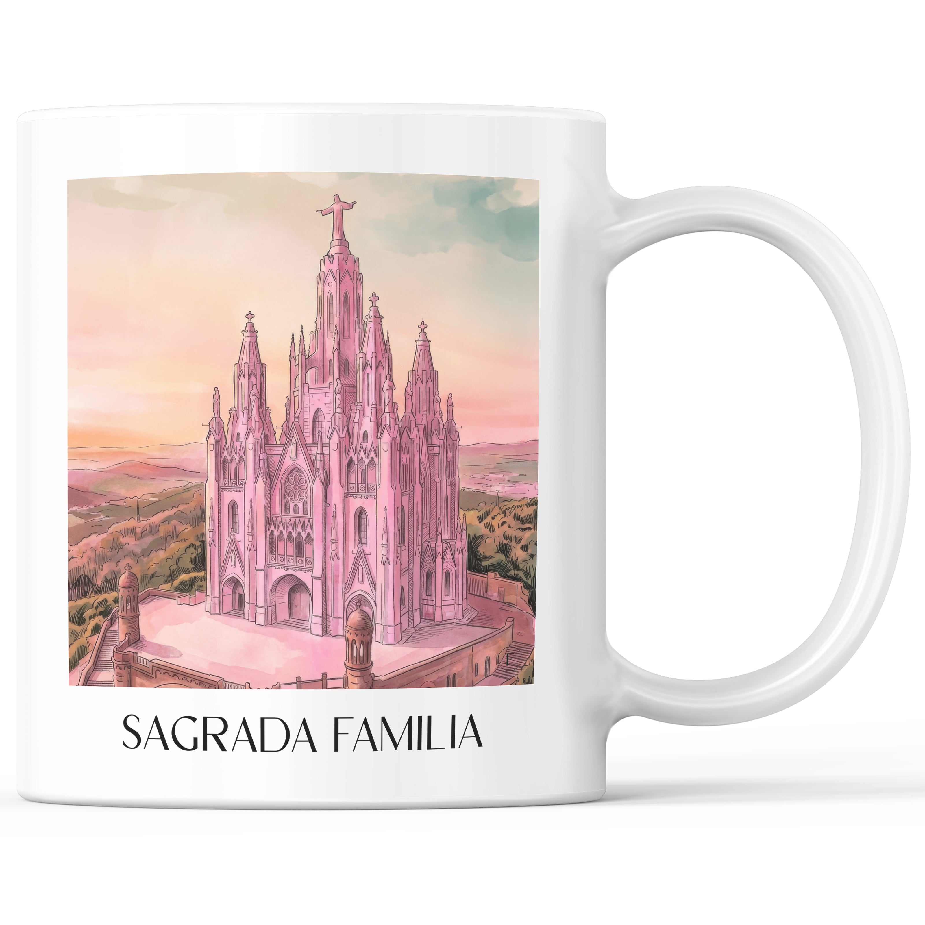 Sagrada Familia Kaffeebecher - Barcelona - Spanien Becher - Kaffeetasse im Aquarell Pink Stil - favplace