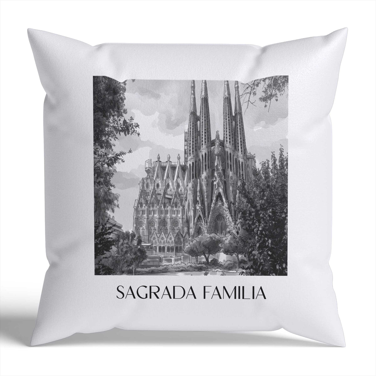 Sagrada Familia Kissenhülle - Zierkissen Bezug - Barcelona - Spanien Kissen bzw. Kissenbezug im Aquarell Schwarz-Weiß Stil - favplace