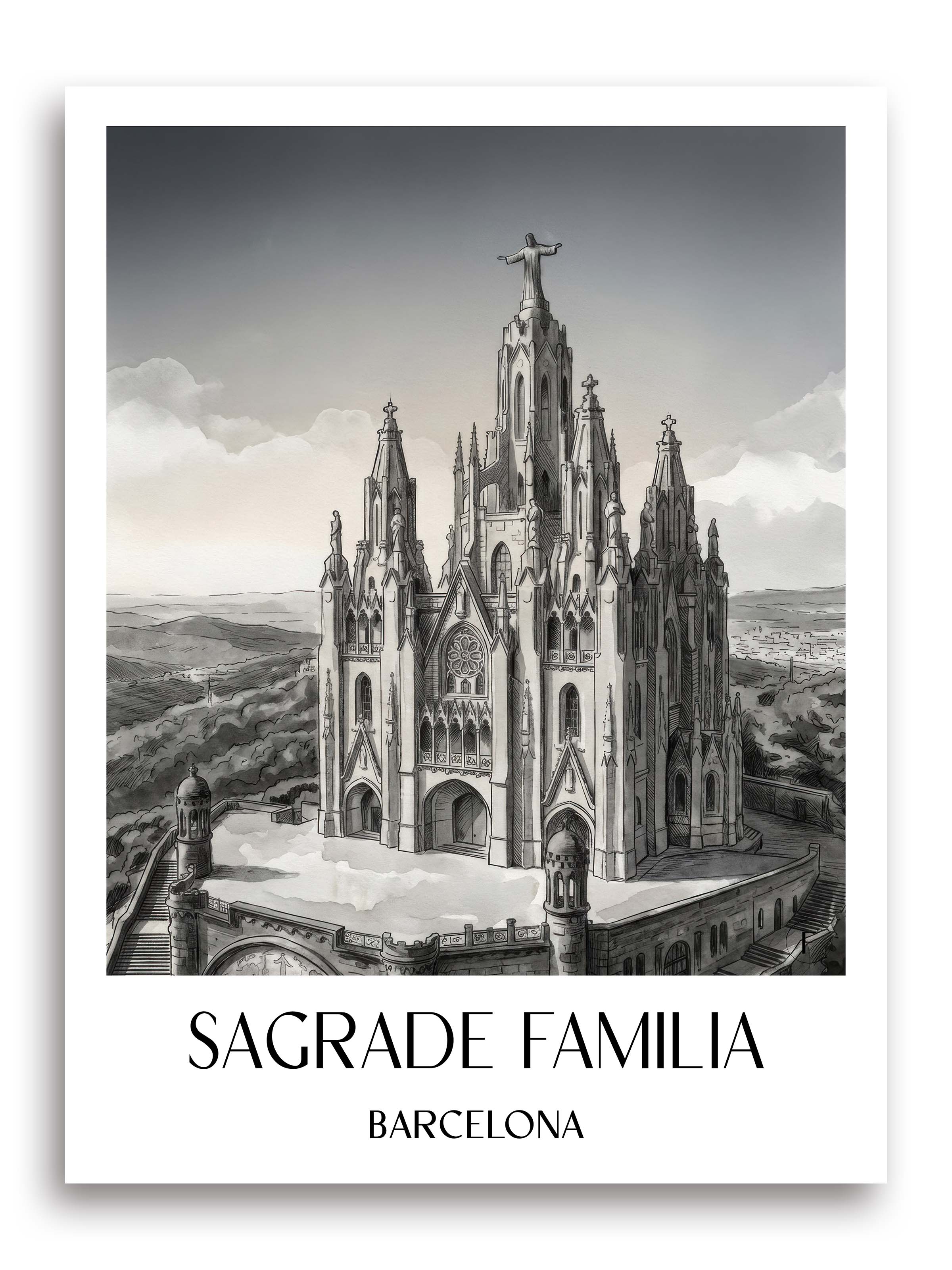 Sagrada Familia Poster - Barcelona - Spanien Kunstdruck - Aquarell Schwarz-Weiß von A4 bis A1 - favplace
