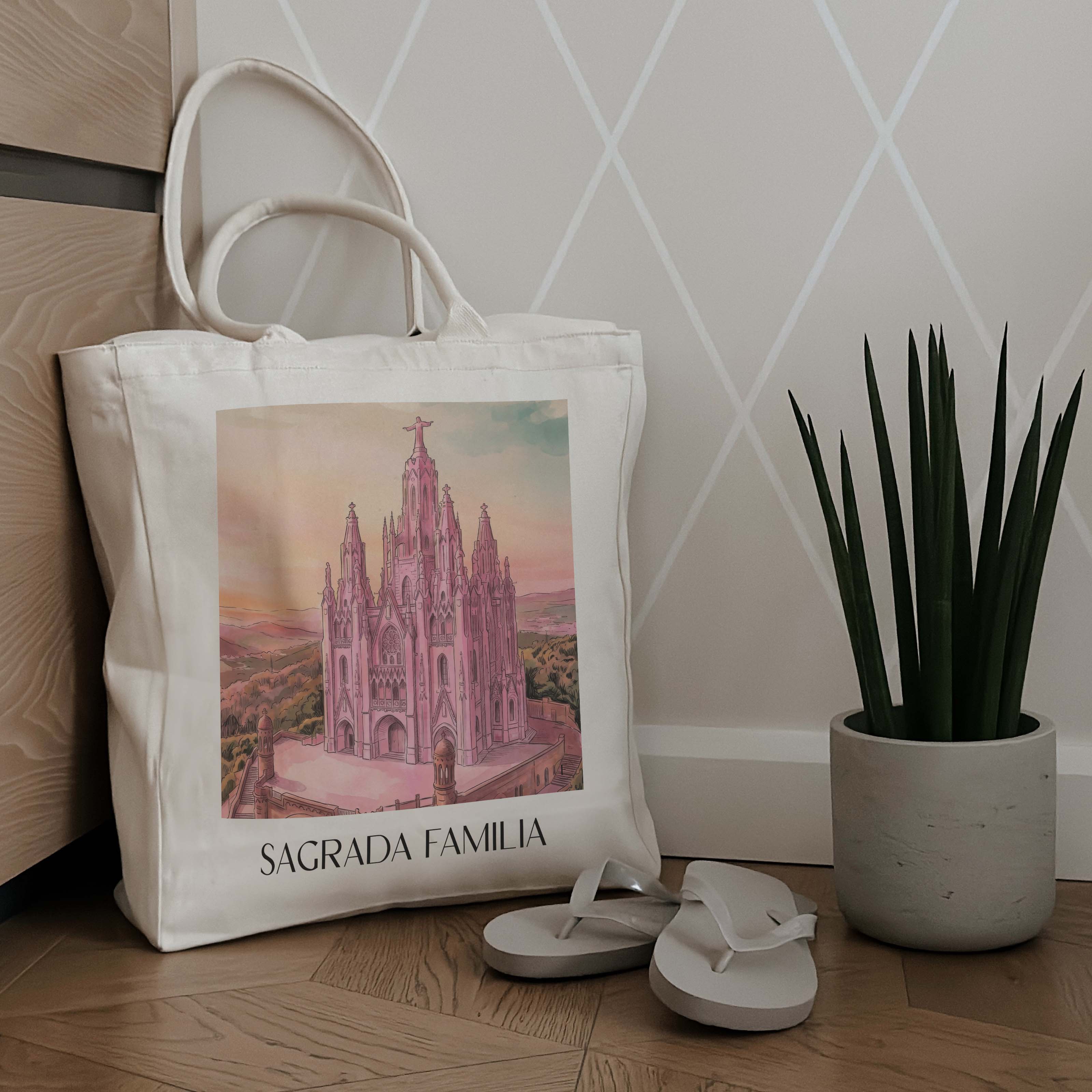 sagrada-familia-barcelona-spanien-einkaufstasche-aquarell-pink-rosa