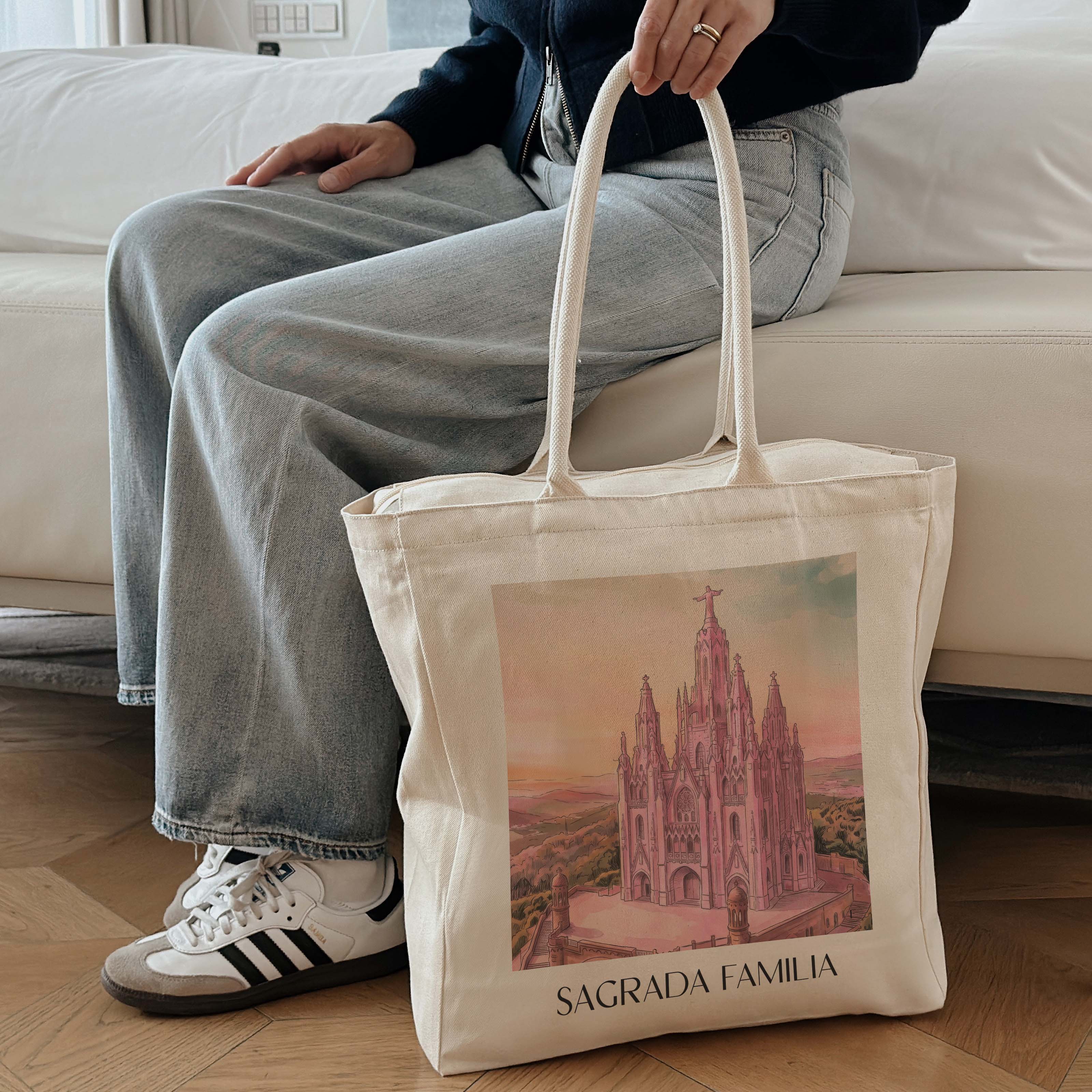 sagrada-familia-barcelona-spanien-einkaufstasche-aquarell-pink-rosa