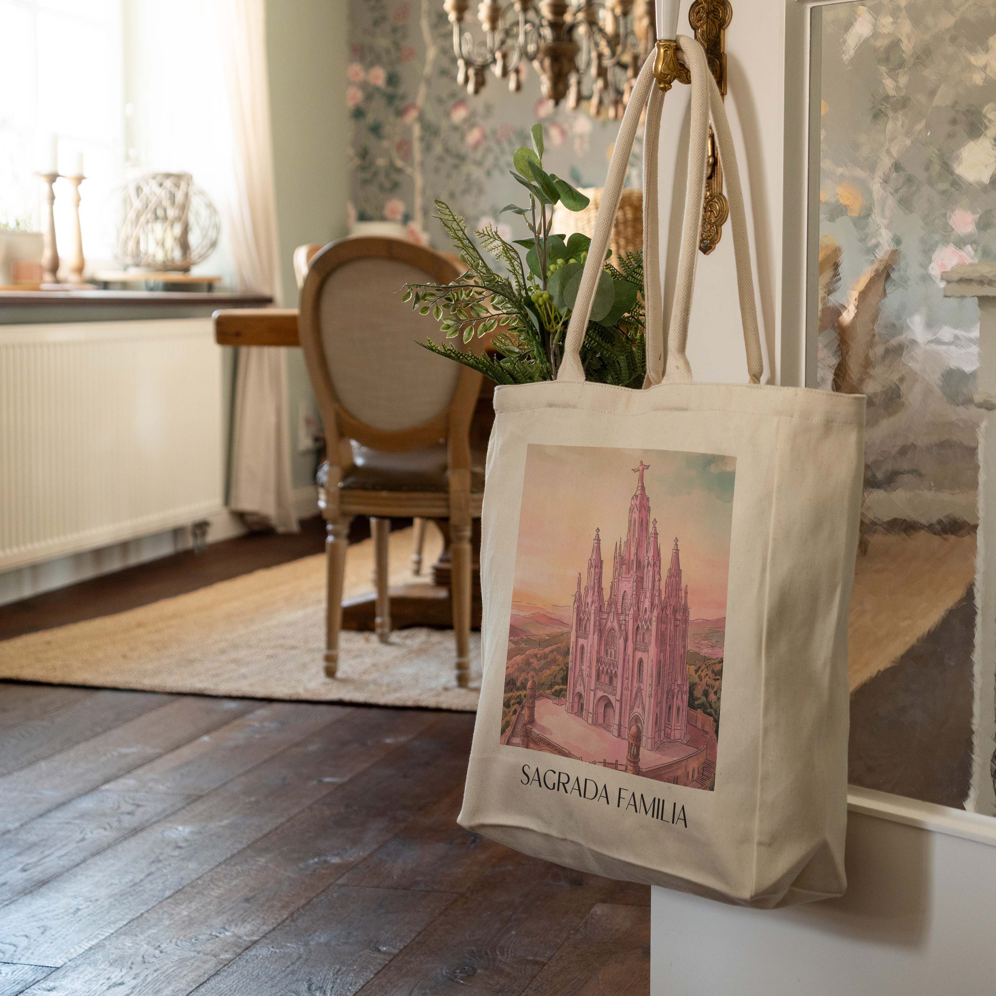 sagrada-familia-barcelona-spanien-einkaufstasche-aquarell-pink-rosa