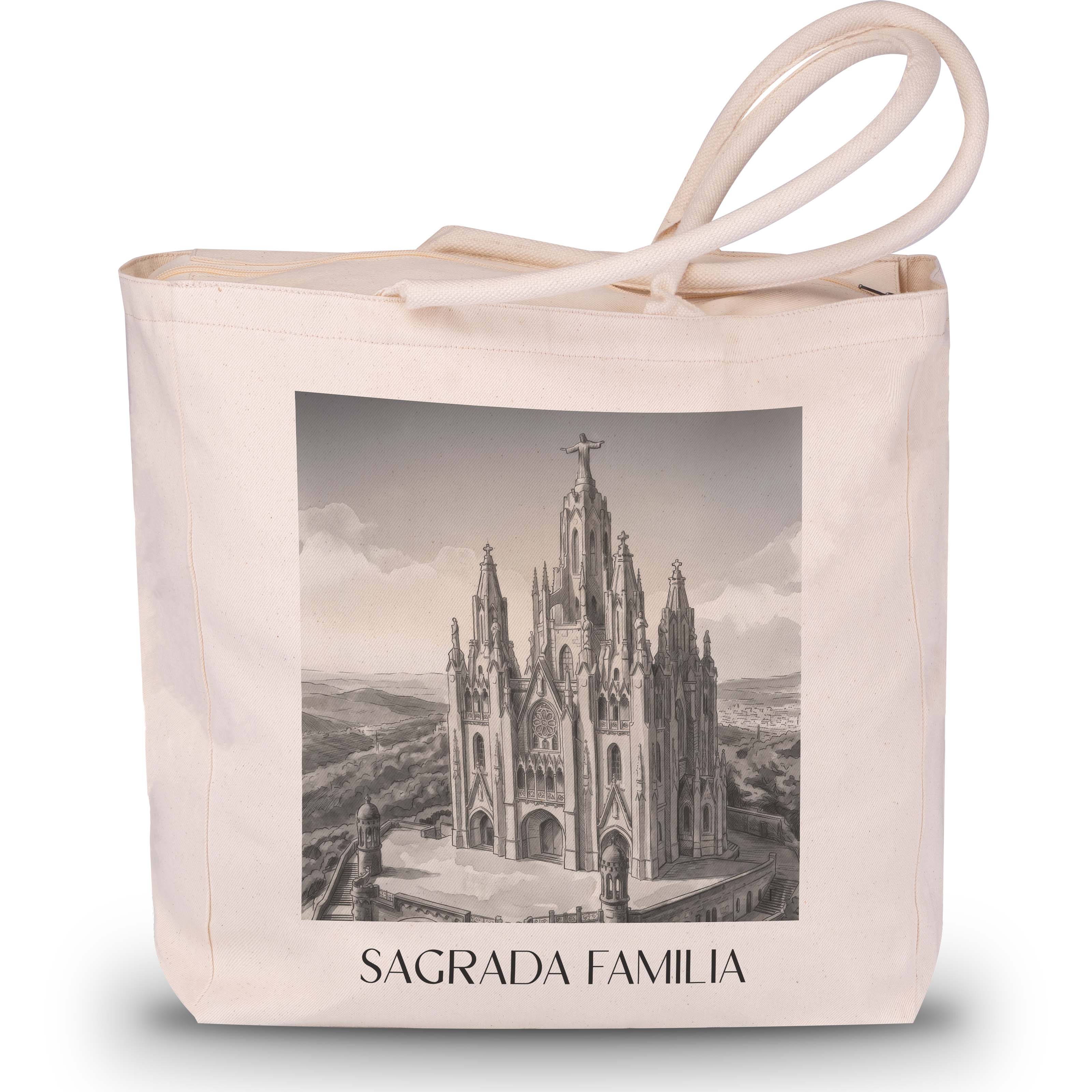 sagrada-familia-barcelona-spanien-einkaufstasche-aquarell-schwarz-weiss