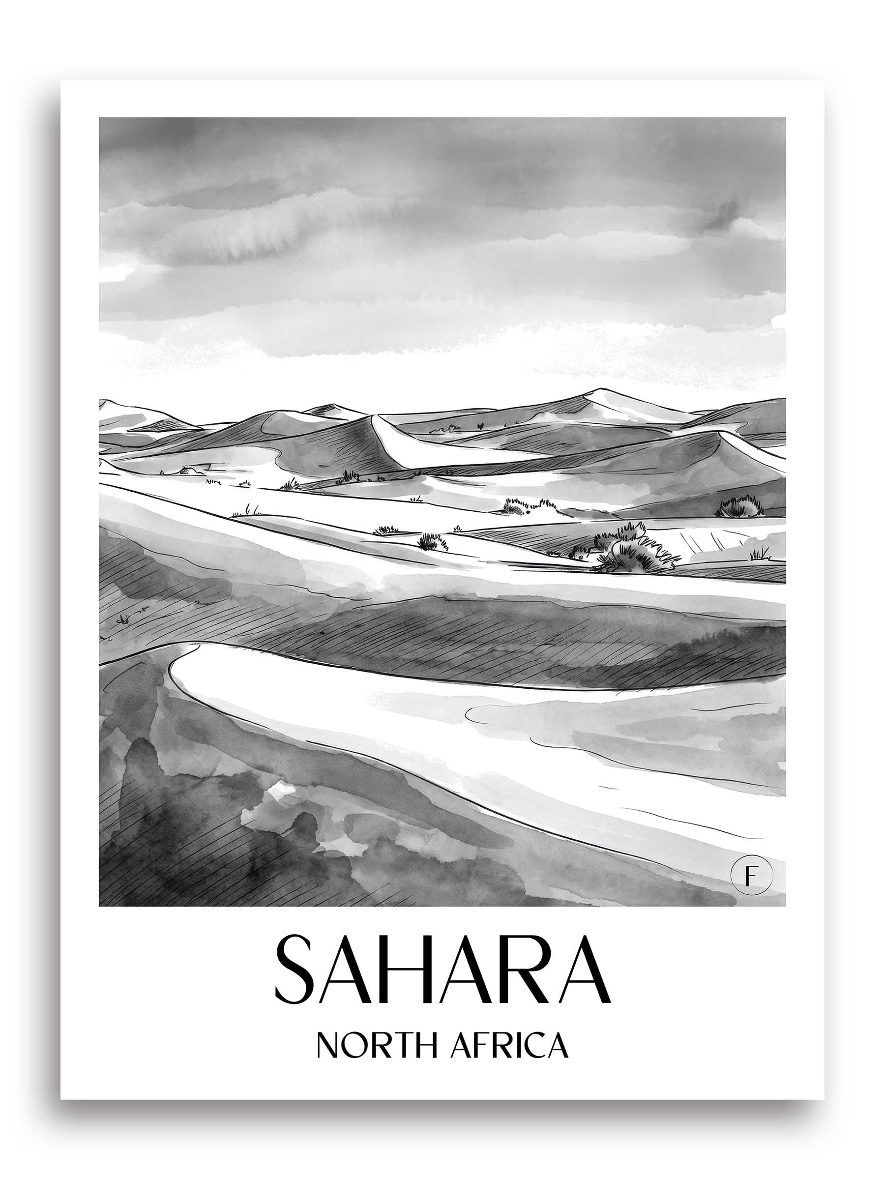 Sahara Poster - - Nordafrika Kunstdruck - Aquarell Schwarz-Weiß von A4 bis A1 - favplace