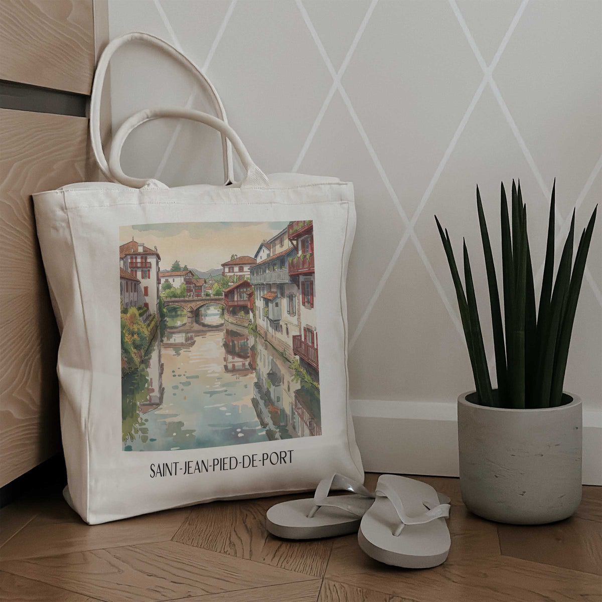 saint-jean-pied-de-port-pays-basque-frankreich-einkaufstasche-aquarell