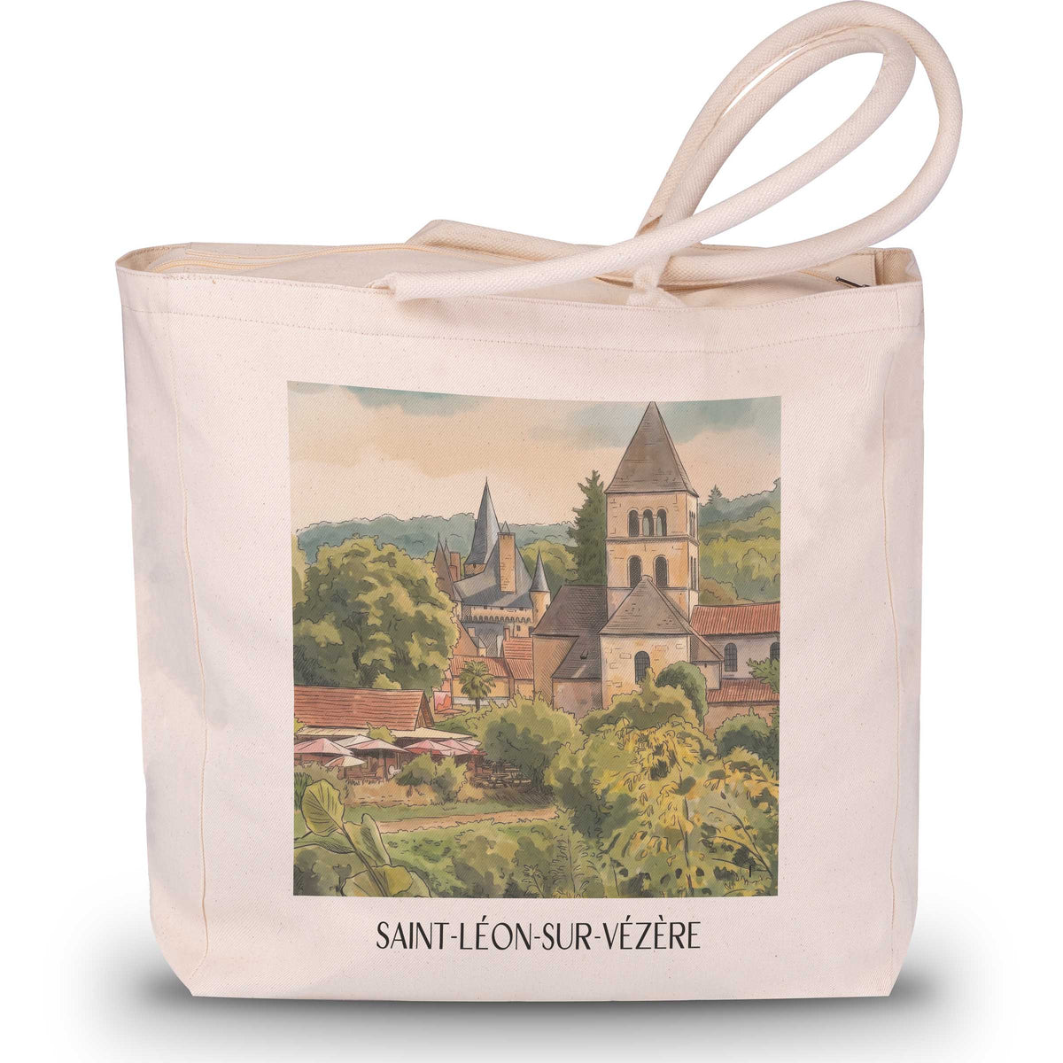 saint-léon-sur-vézère-vallée-de-la-vézère-frankreich-einkaufstasche-aquarell
