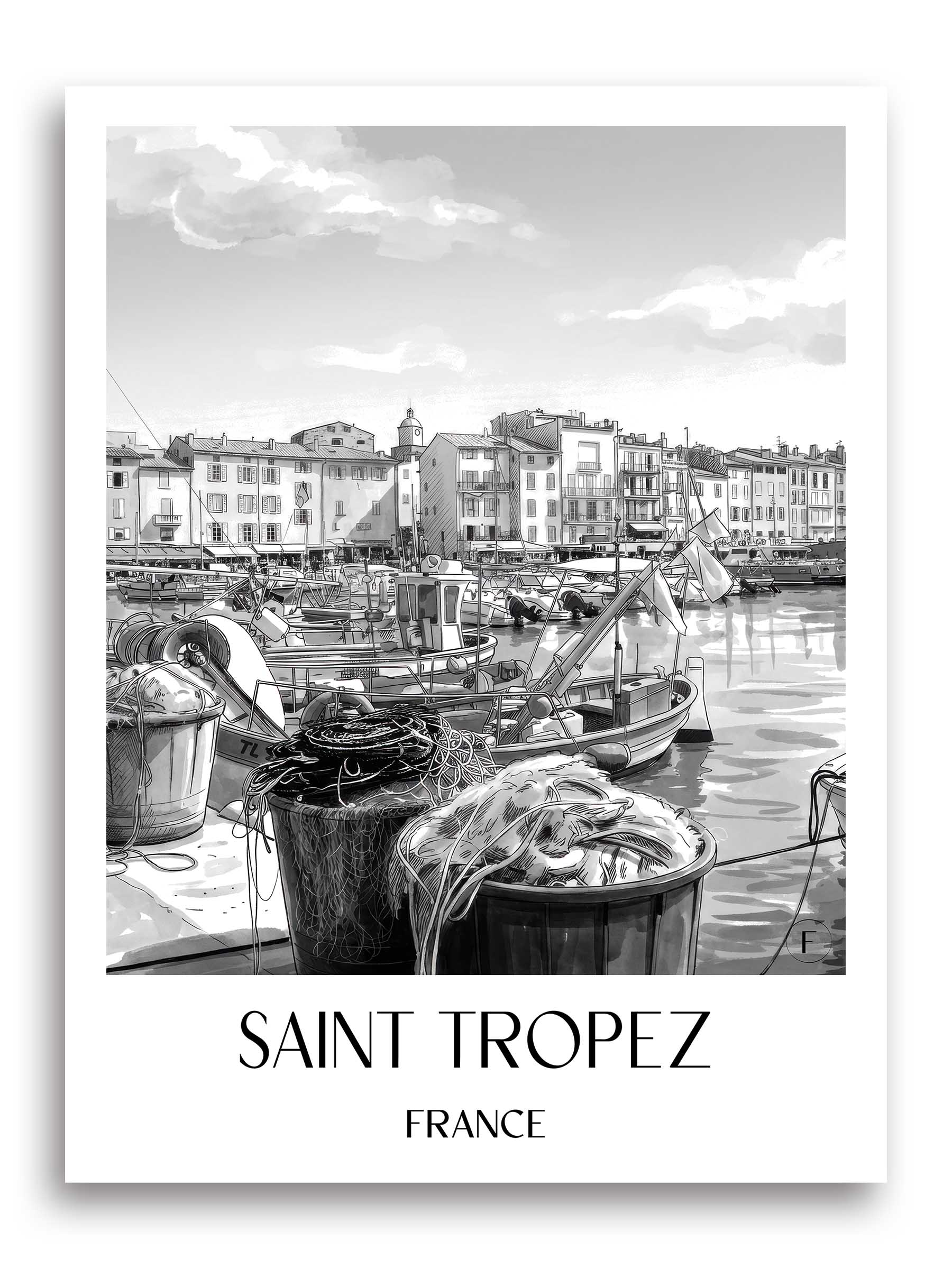Saint Tropez Poster - - Frankreich Kunstdruck - Aquarell Schwarz-Weiß von A4 bis A1 - favplace