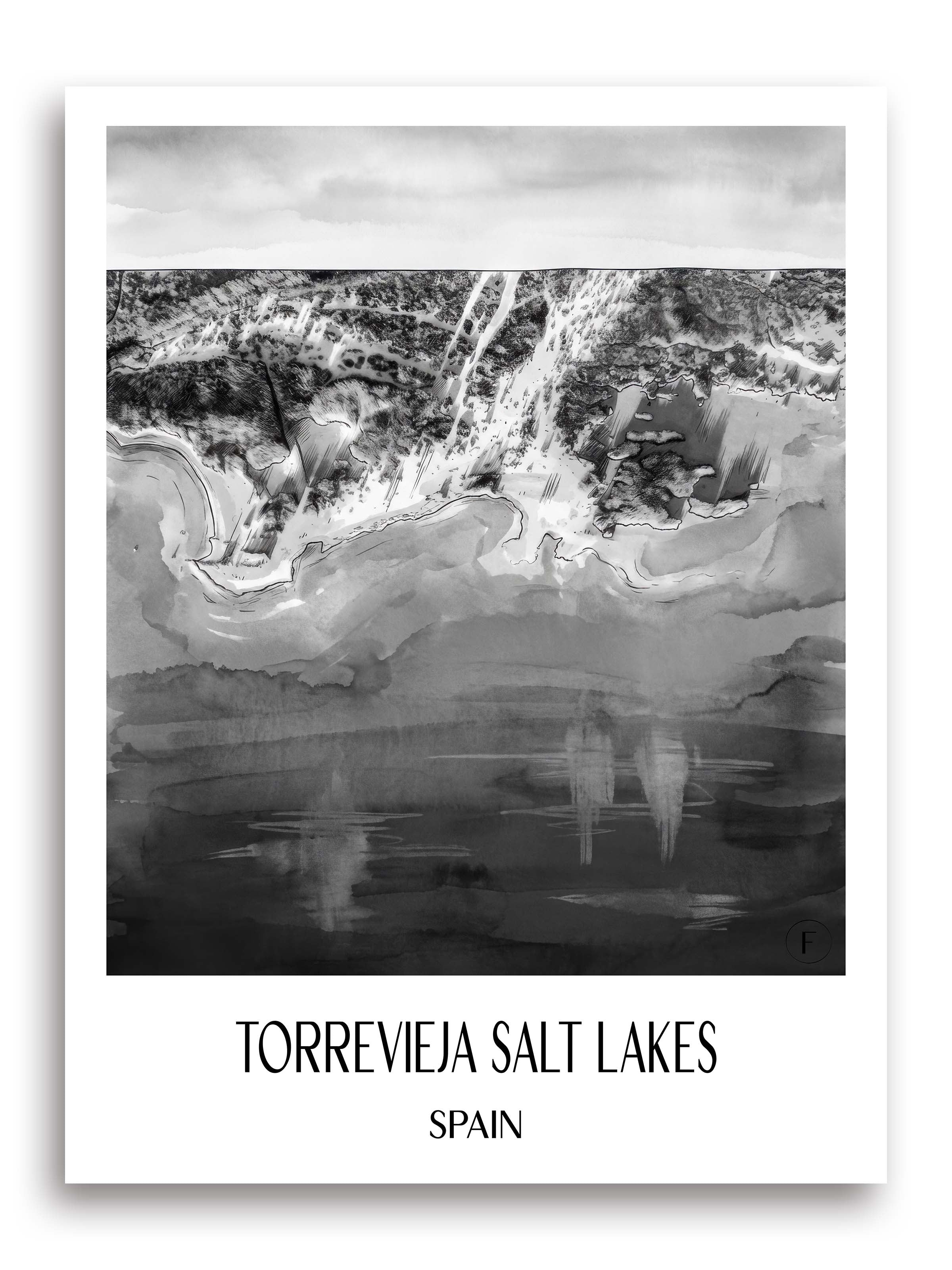 Salinas de Torrevieja Poster - Spanien - Spanien Kunstdruck - Aquarell Schwarz-Weiß von A4 bis A1 - favplace