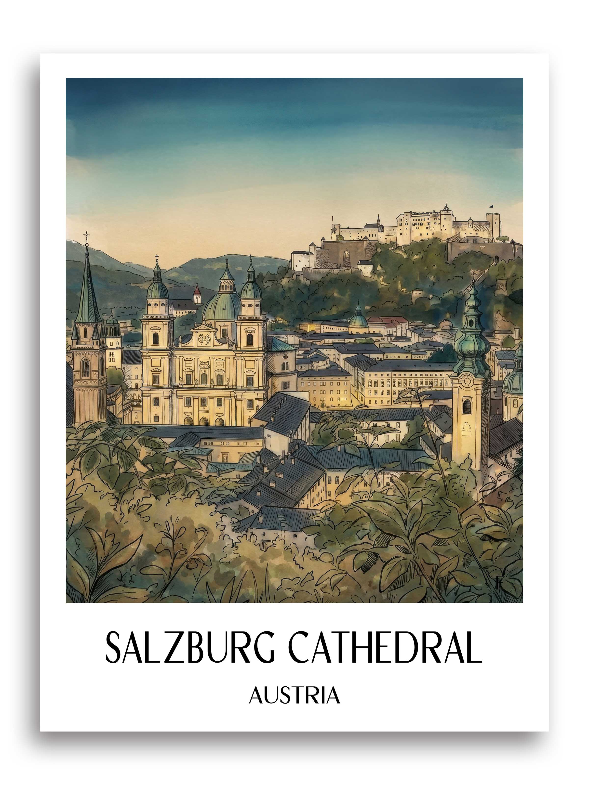 Salzburger Dom Poster - Österreich - Österreich Kunstdruck - Aquarell von A4 bis A1 - favplace
