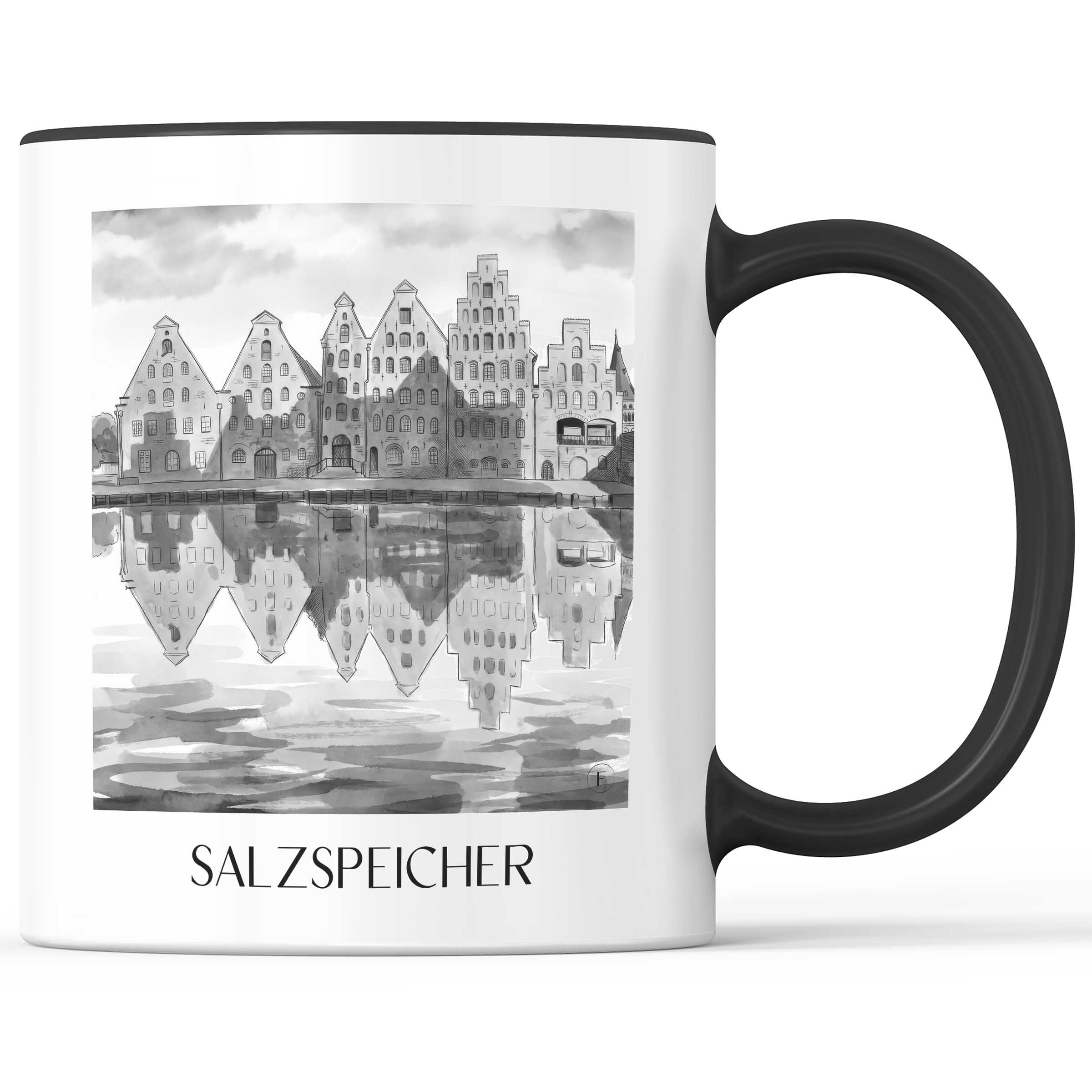 salzspeicher-lübeck-deutschland-kaffeebecher-aquarell-schwarz-weiss