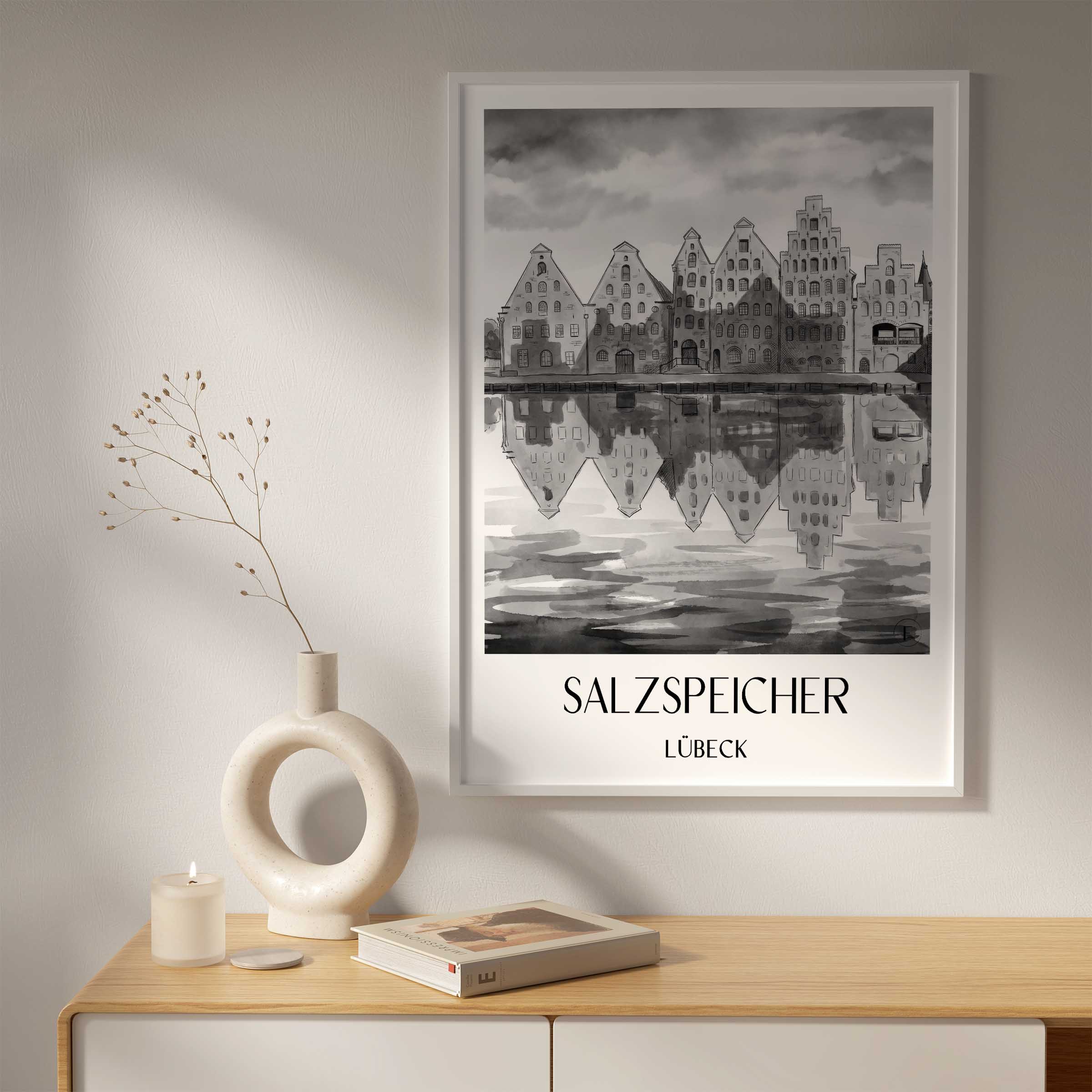 salzspeicher-lübeck-deutschland-poster-aquarell-schwarz-weiss