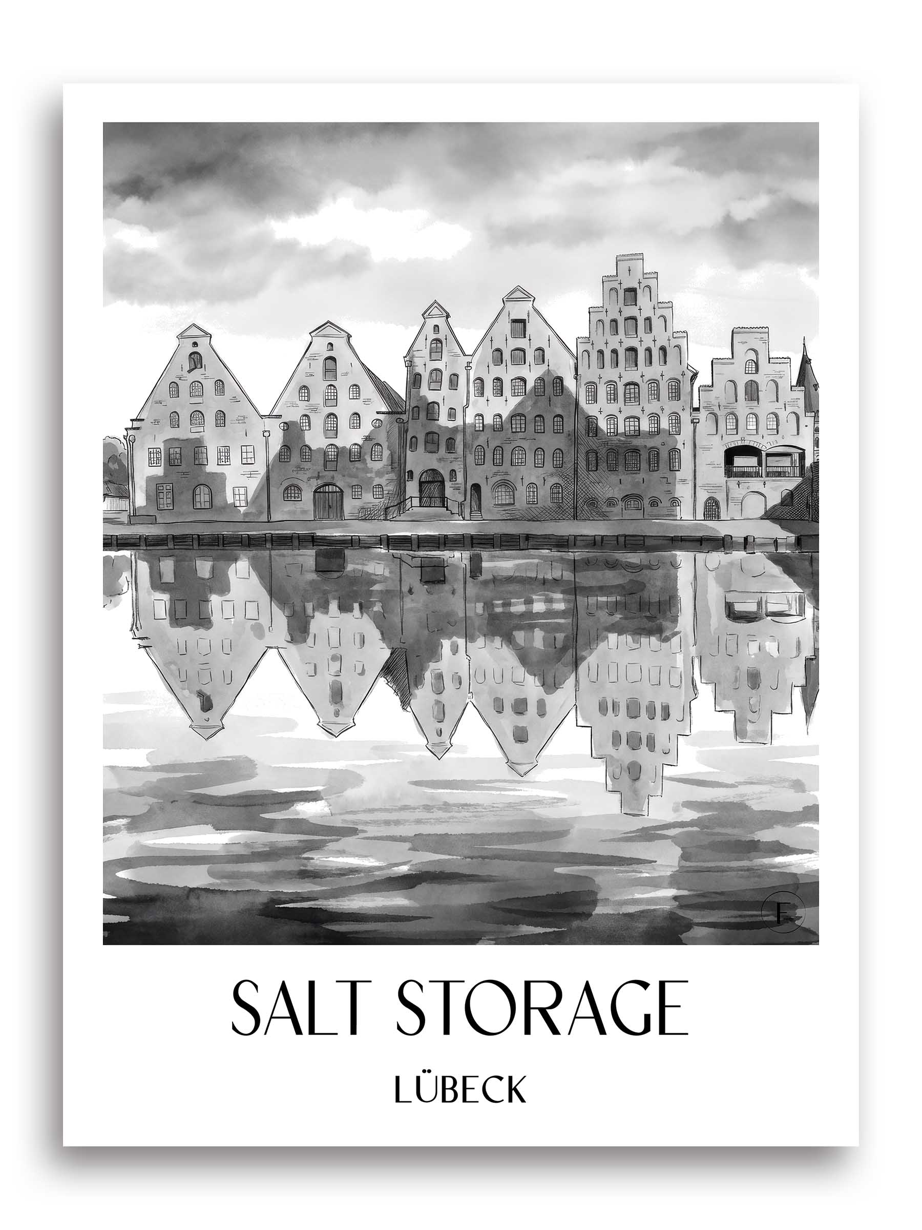 Salzspeicher Poster - Lübeck - Deutschland Kunstdruck - Aquarell Schwarz-Weiß von A4 bis A1 - favplace