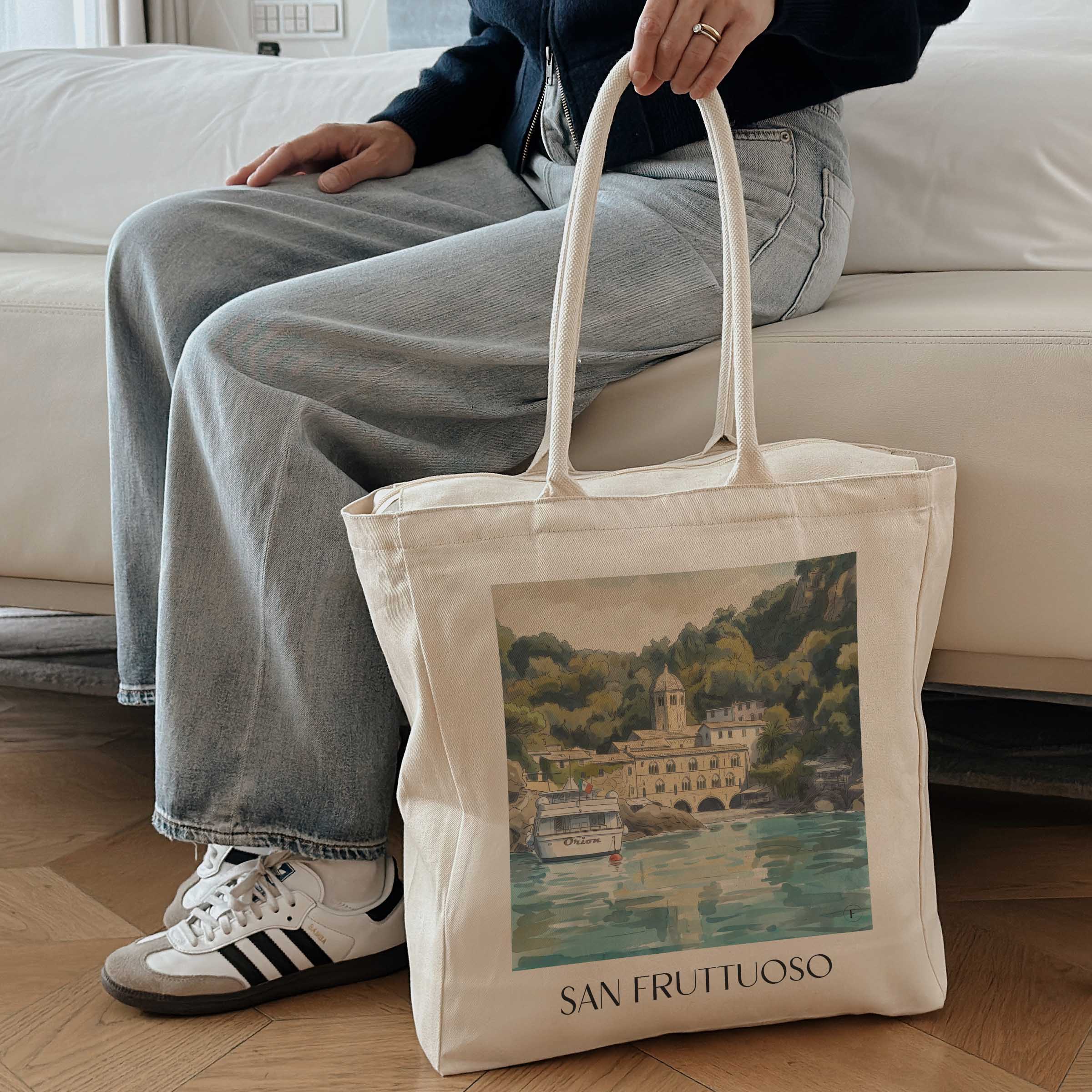 san-fruttuoso-camogli-italien-einkaufstasche-aquarell