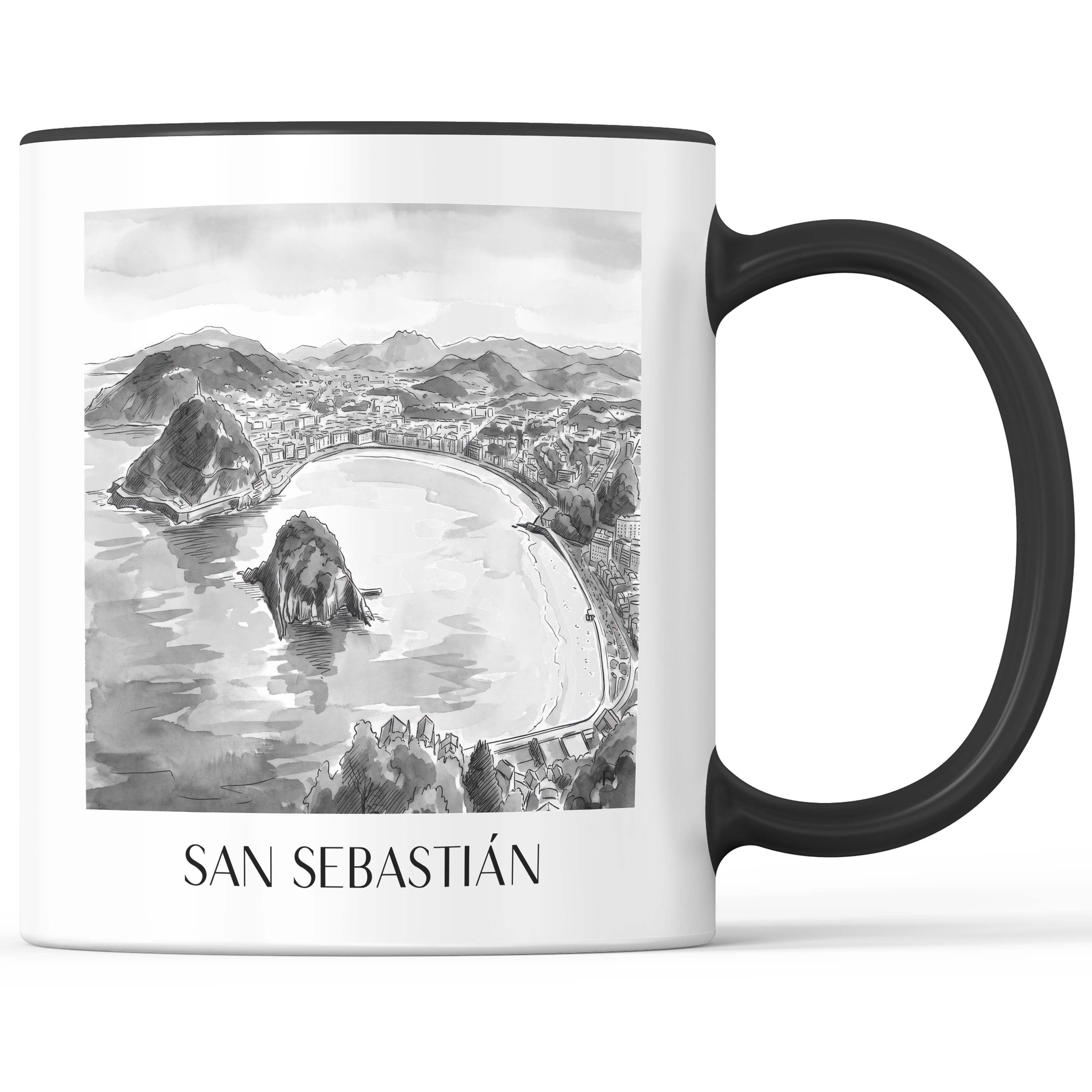 San Sebastián Kaffeebecher - Spanien - Spanien Becher - Kaffeetasse im Aquarell Schwarz-Weiß Stil - favplace