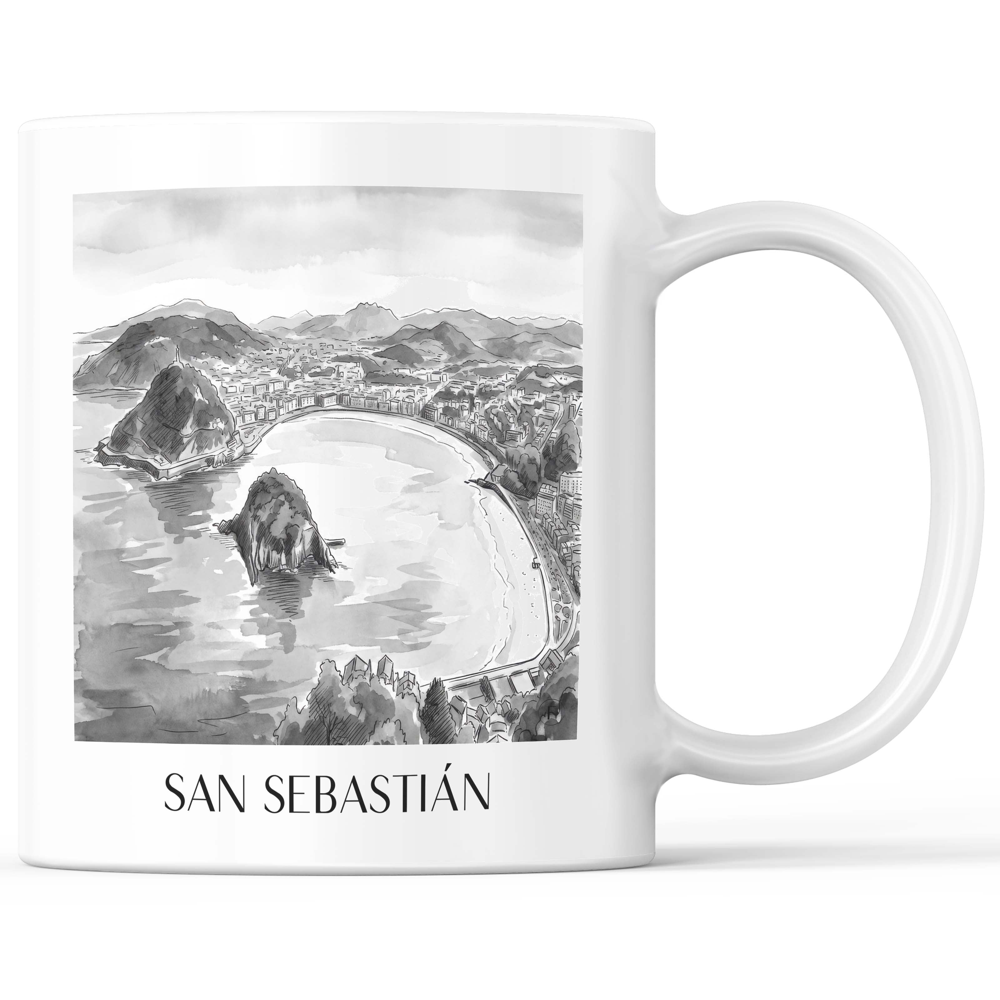 San Sebastián Kaffeebecher - Spanien - Spanien Becher - Kaffeetasse im Aquarell Schwarz-Weiß Stil - favplace