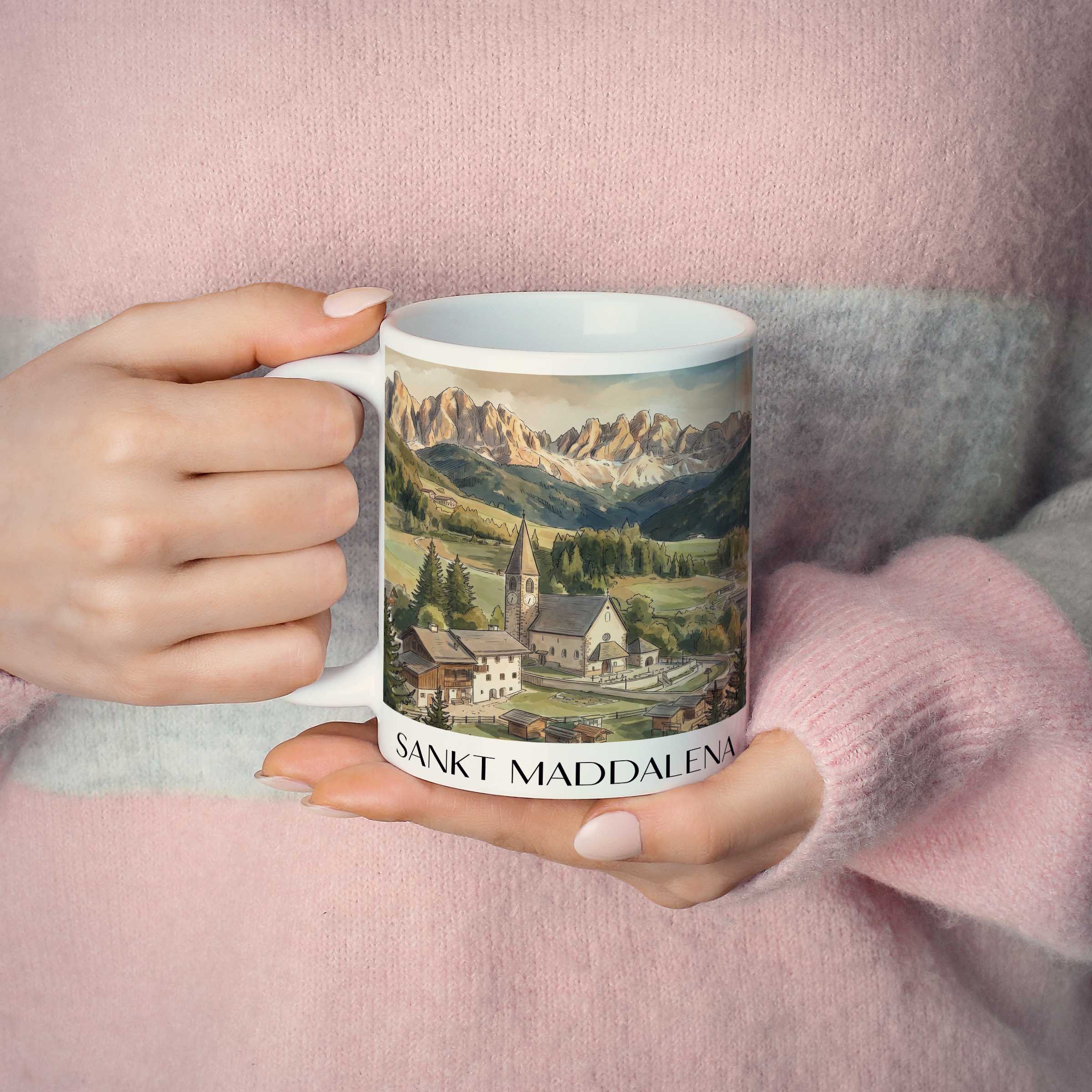 sankt-maddalena-trentino-südtirol-italien-kaffeebecher-aquarell