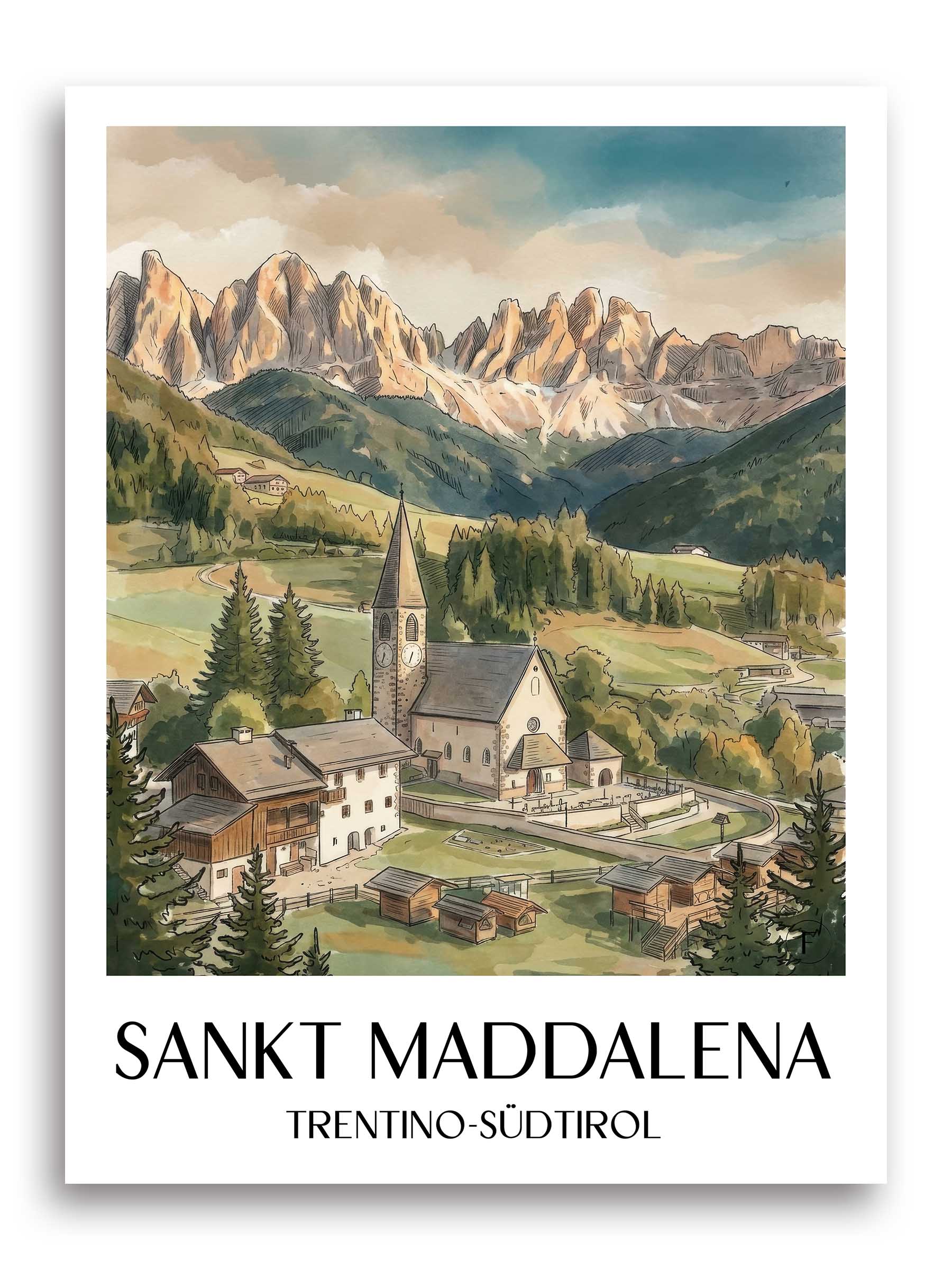sankt-maddalena-trentino-südtirol-italien-poster-aquarell