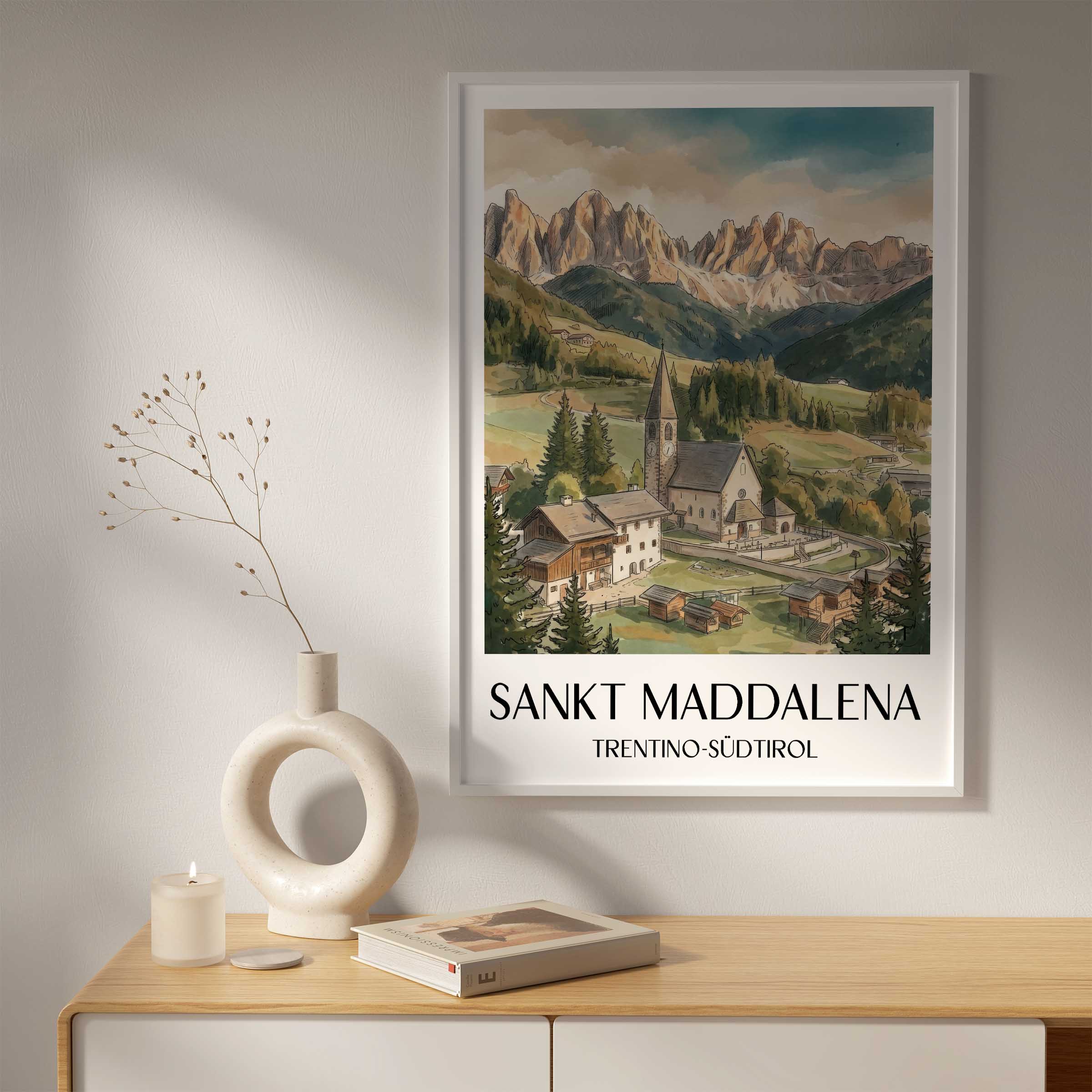 sankt-maddalena-trentino-südtirol-italien-poster-aquarell