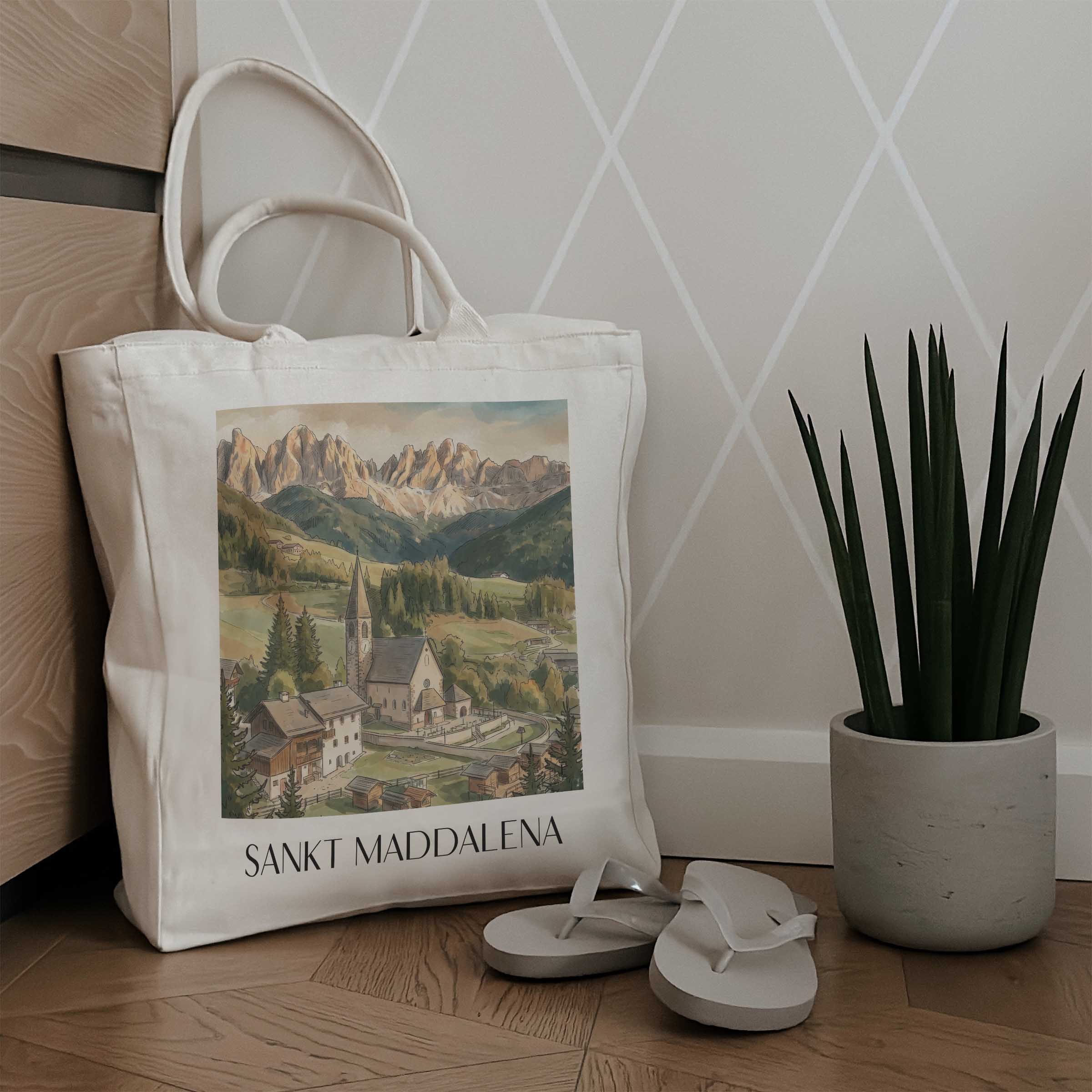 sankt-maddalena-trentino-südtirol-italien-einkaufstasche-aquarell