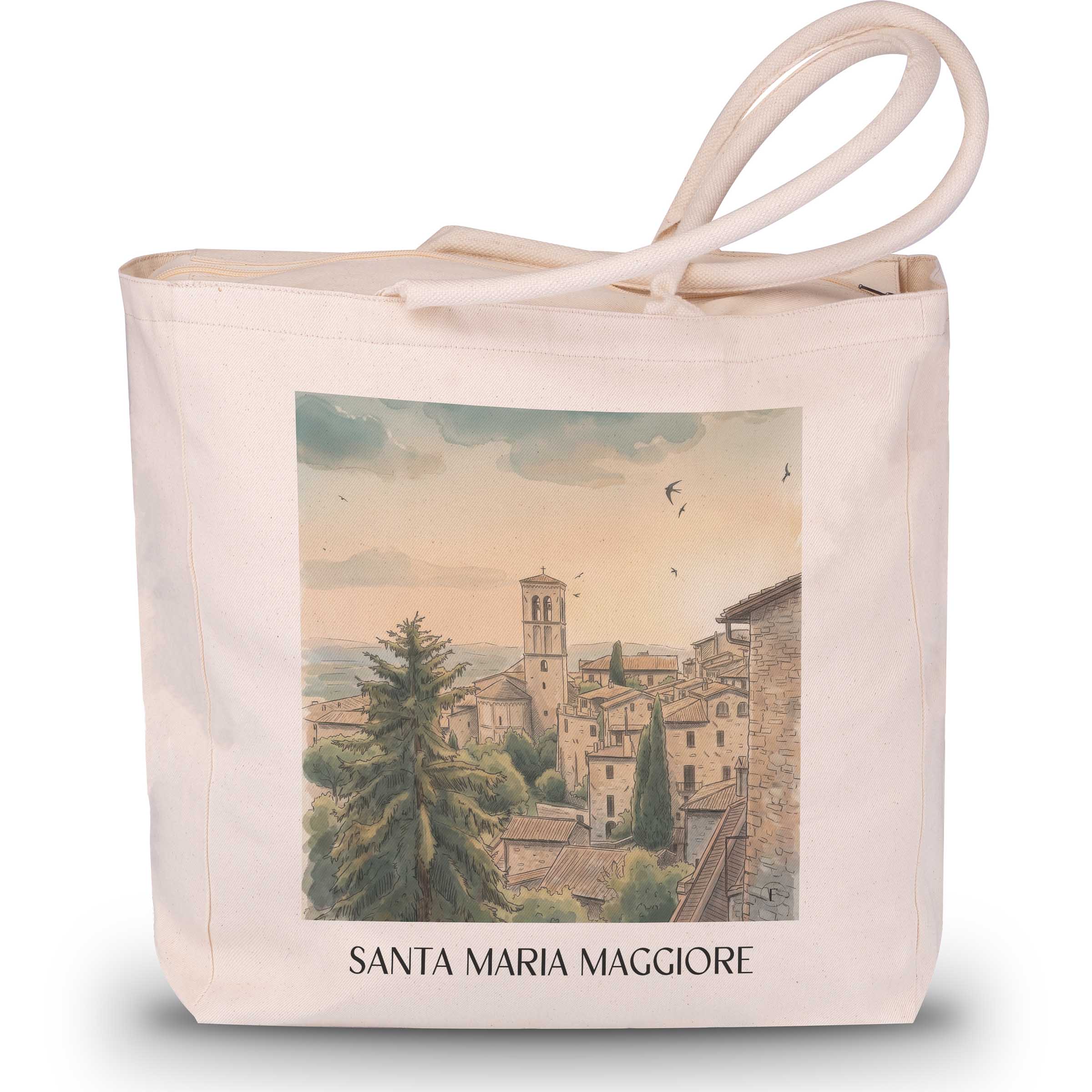 santa-maria-maggiore-assisi-italien-einkaufstasche-aquarell