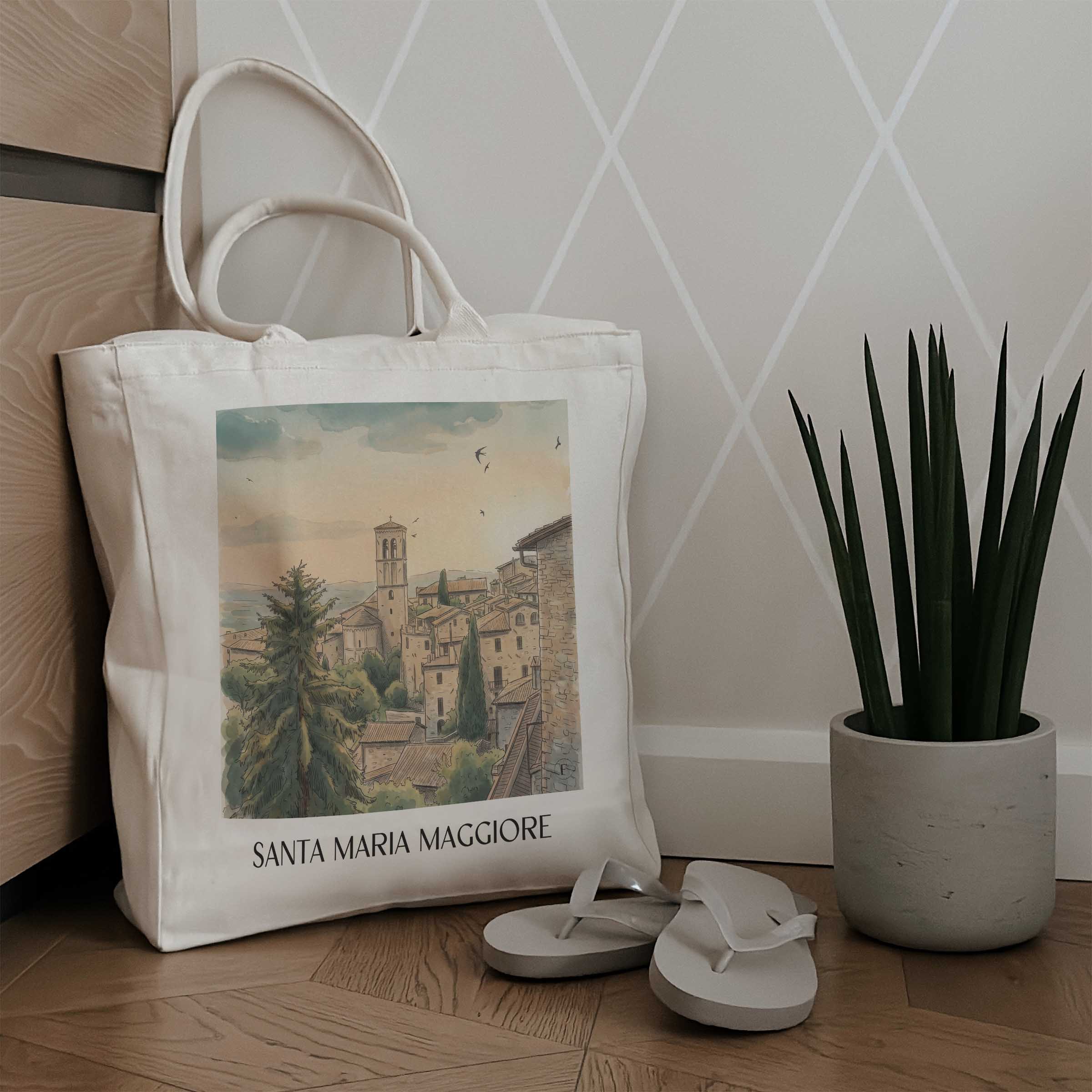 santa-maria-maggiore-assisi-italien-einkaufstasche-aquarell