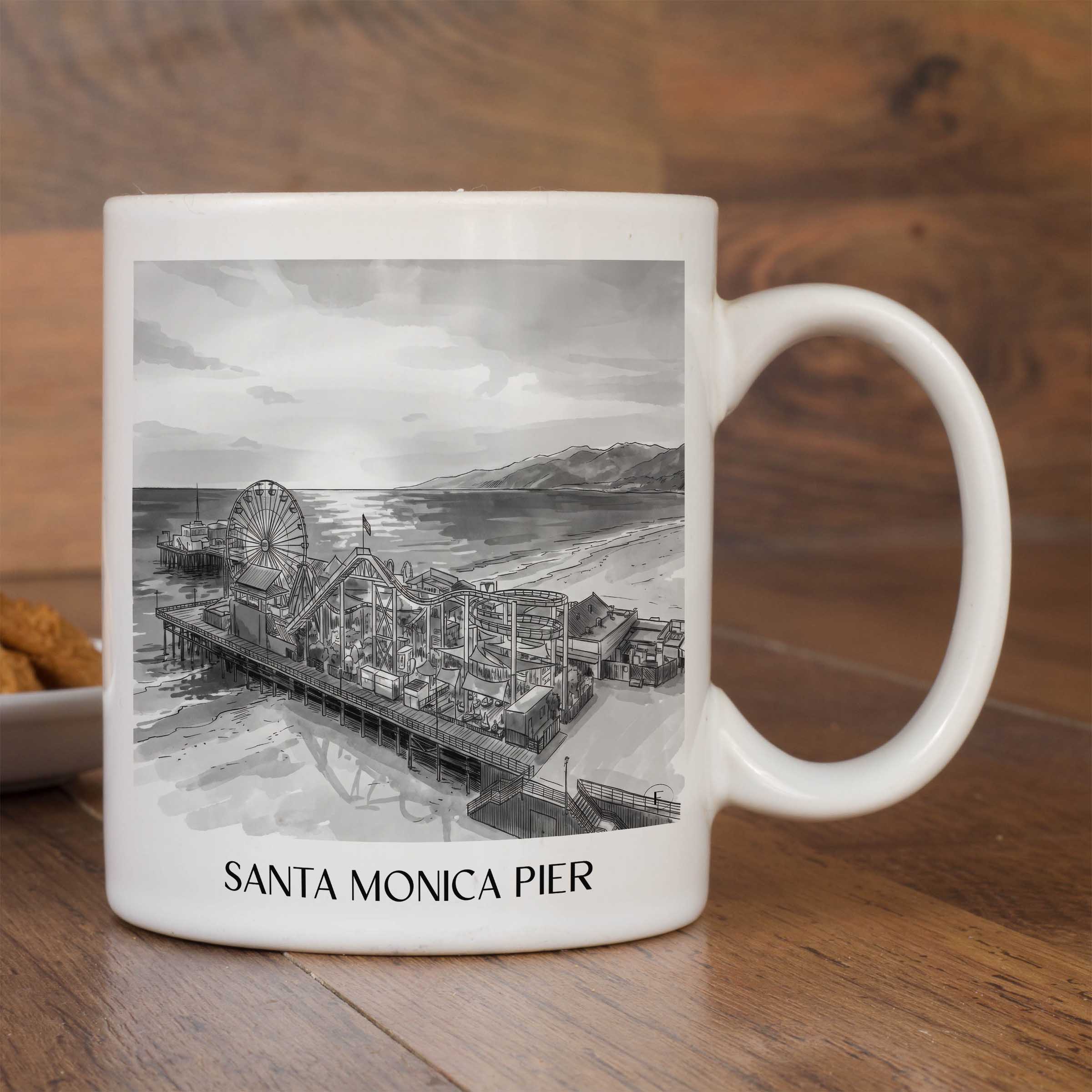 santa-monica-pier-californien-usa-kaffeebecher-aquarell-schwarz-weiss