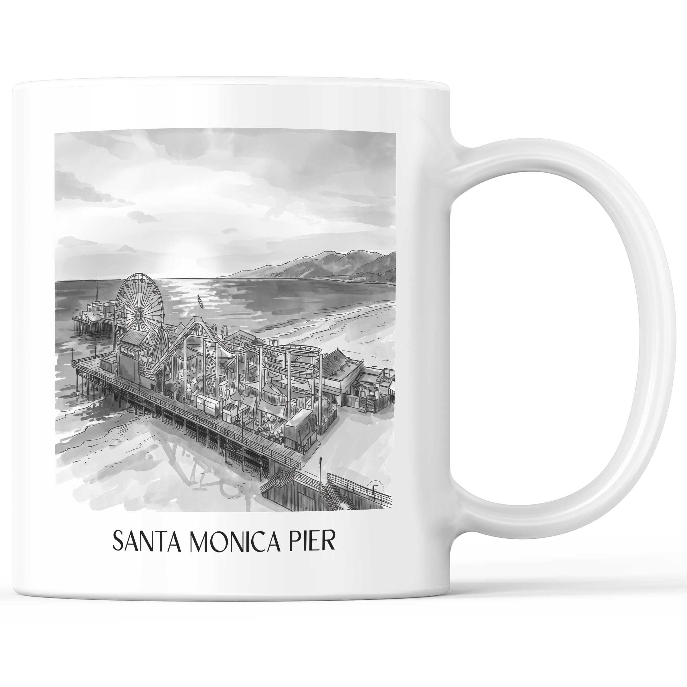 Santa Monica Pier Kaffeebecher - Californien - USA Becher - Kaffeetasse im Aquarell Schwarz-Weiß Stil - favplace