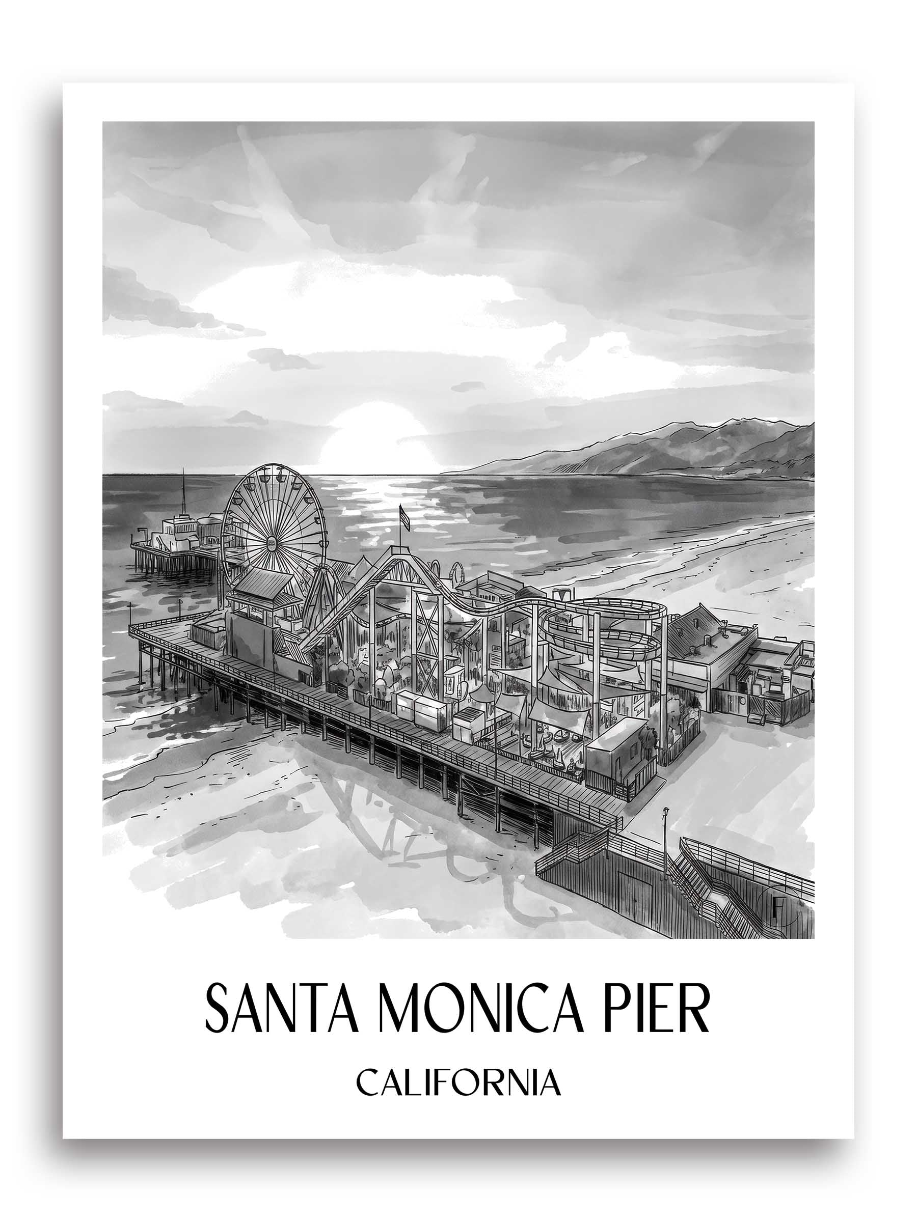 Santa Monica Pier Poster - Californien - USA Kunstdruck - Aquarell Schwarz-Weiß von A4 bis A1 - favplace