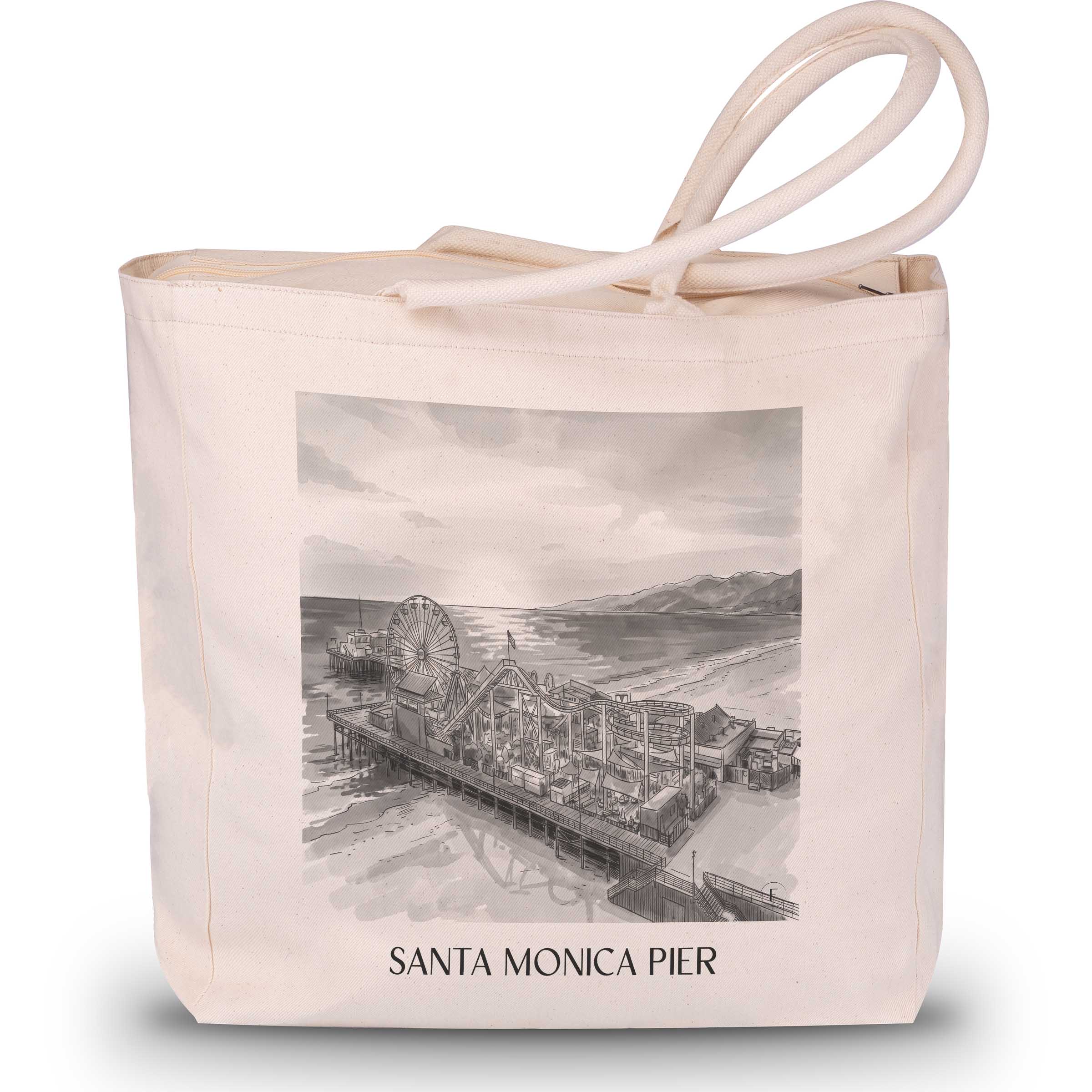 Santa Monica Pier Shopping Tasche - Californien - USA Tote Bag - Einkaufstasche im Aquarell Schwarz-Weiß Stil - favplace