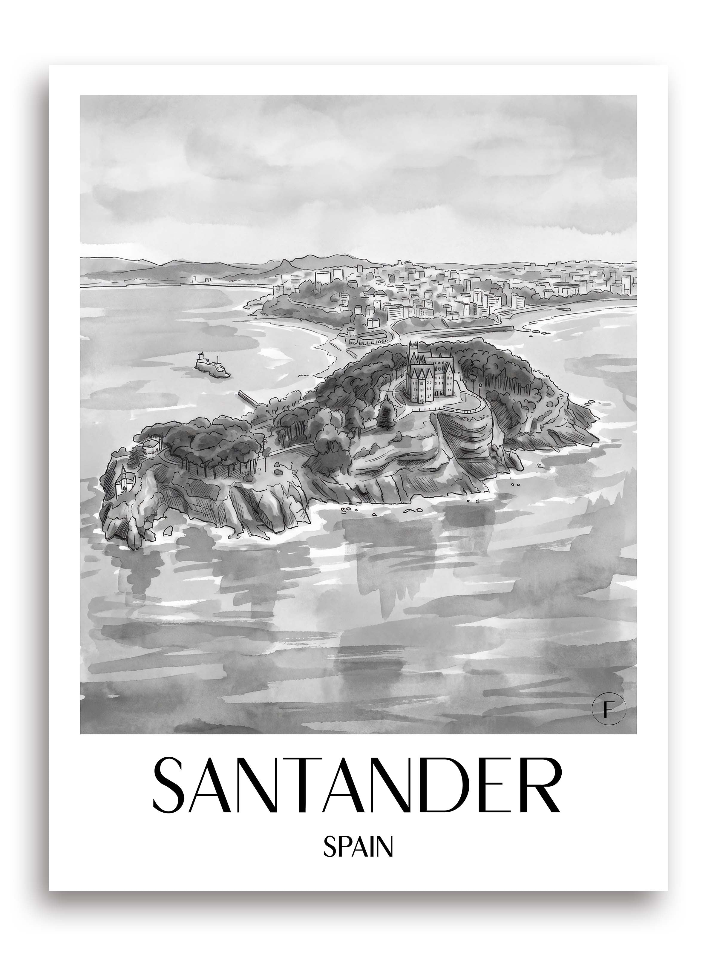 Santander Poster - Spanien - Spanien Kunstdruck - Aquarell Schwarz-Weiß von A4 bis A1 - favplace