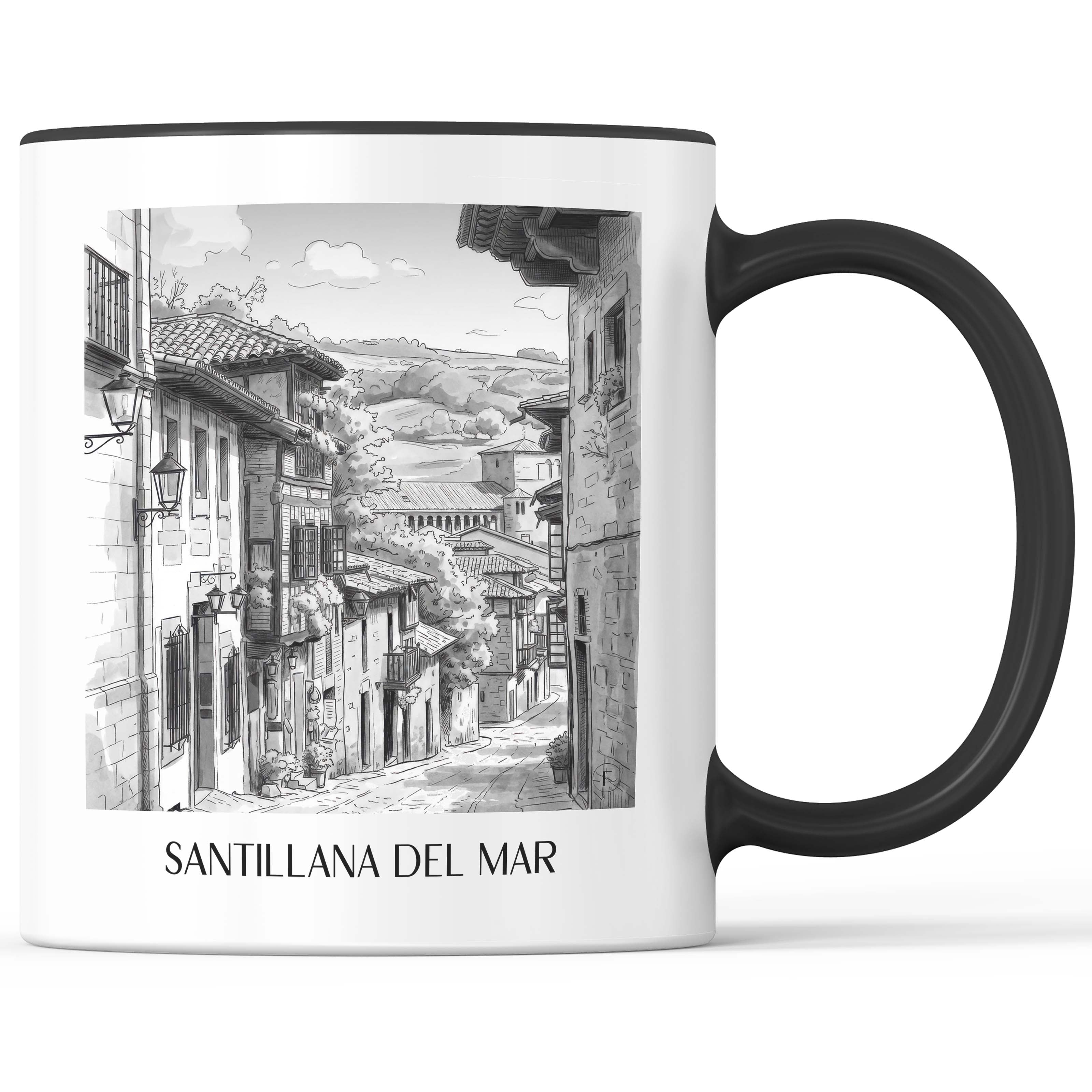 santillana-del-mar-spanien-spanien-kaffeebecher-aquarell-schwarz-weiss