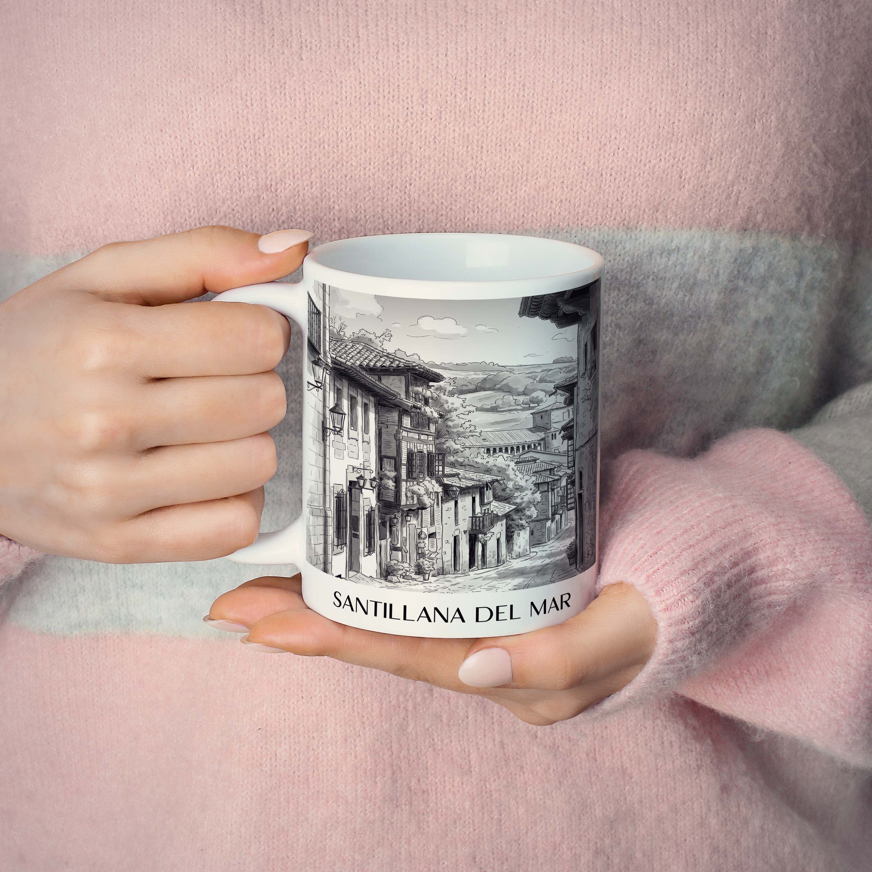 santillana-del-mar-spanien-spanien-kaffeebecher-aquarell-schwarz-weiss