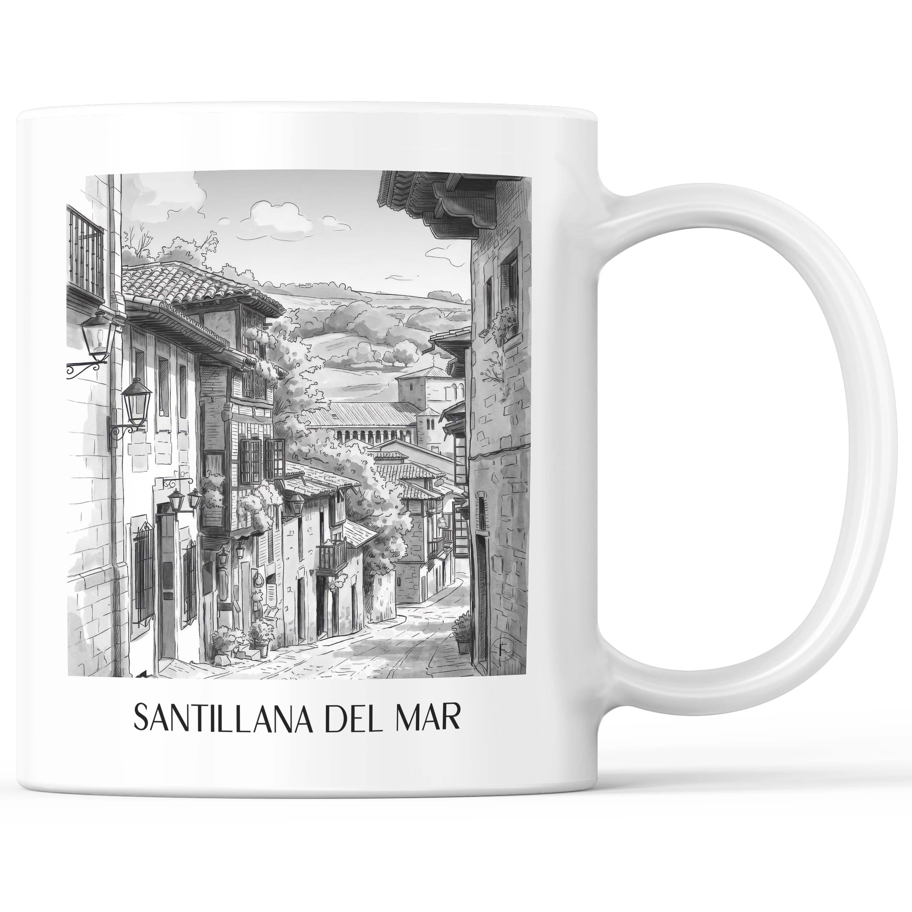 Santillana del Mar Kaffeebecher - Spanien - Spanien Becher - Kaffeetasse im Aquarell Schwarz-Weiß Stil - favplace