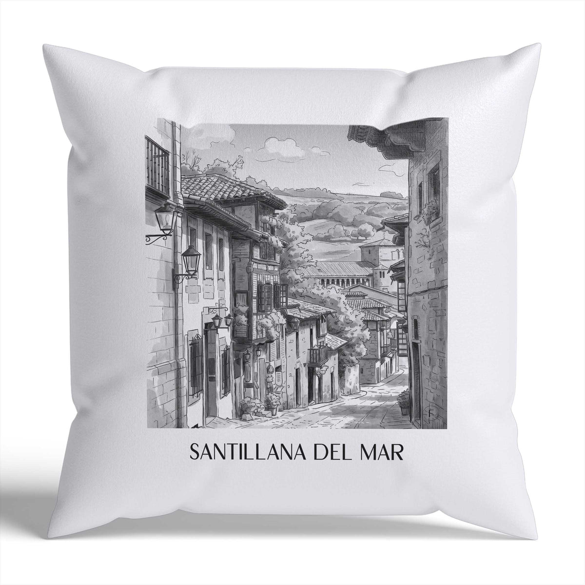 Santillana del Mar Kissenhülle - Zierkissen Bezug - Spanien - Spanien Kissen bzw. Kissenbezug im Aquarell Schwarz-Weiß Stil - favplace